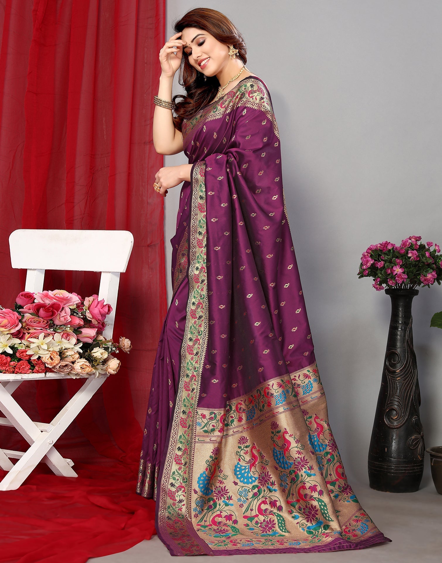 Wine Paithani Silk Saree | Leemboodi