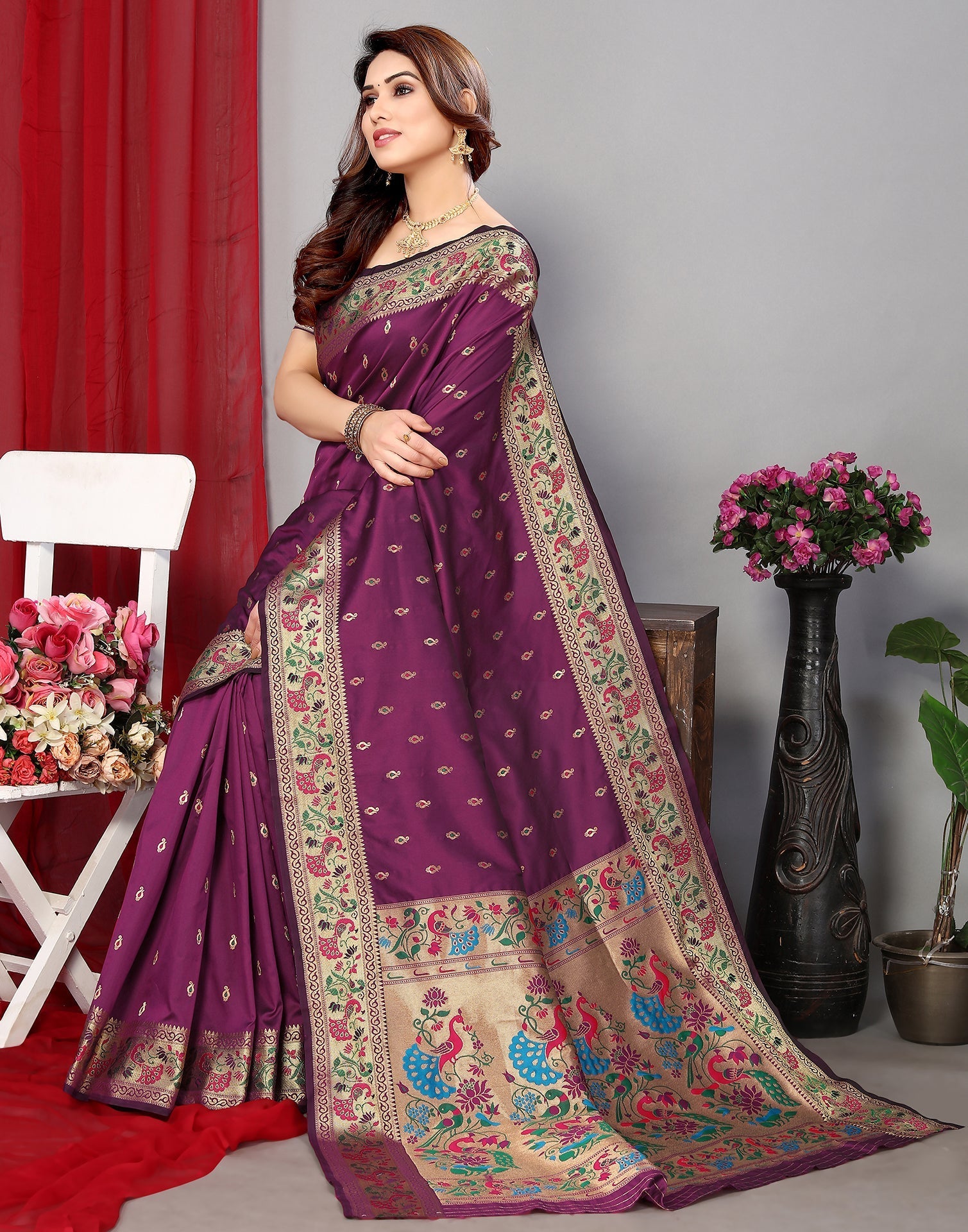 Wine Paithani Silk Saree | Leemboodi