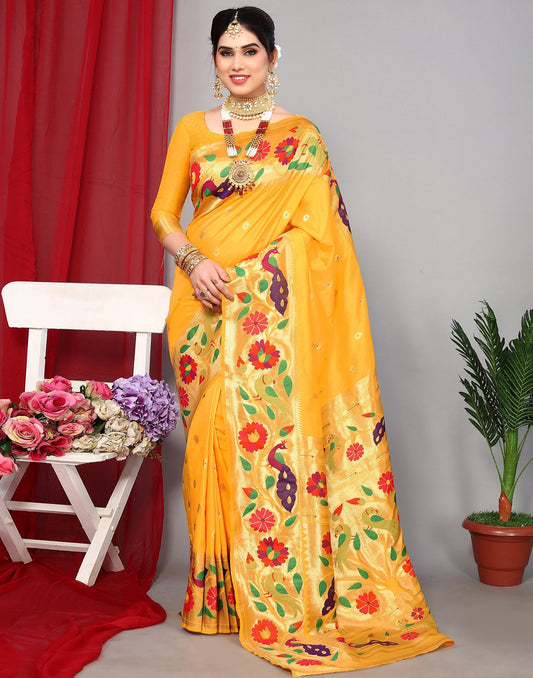 Turmeric Yellow Paithani Silk Saree | Leemboodi