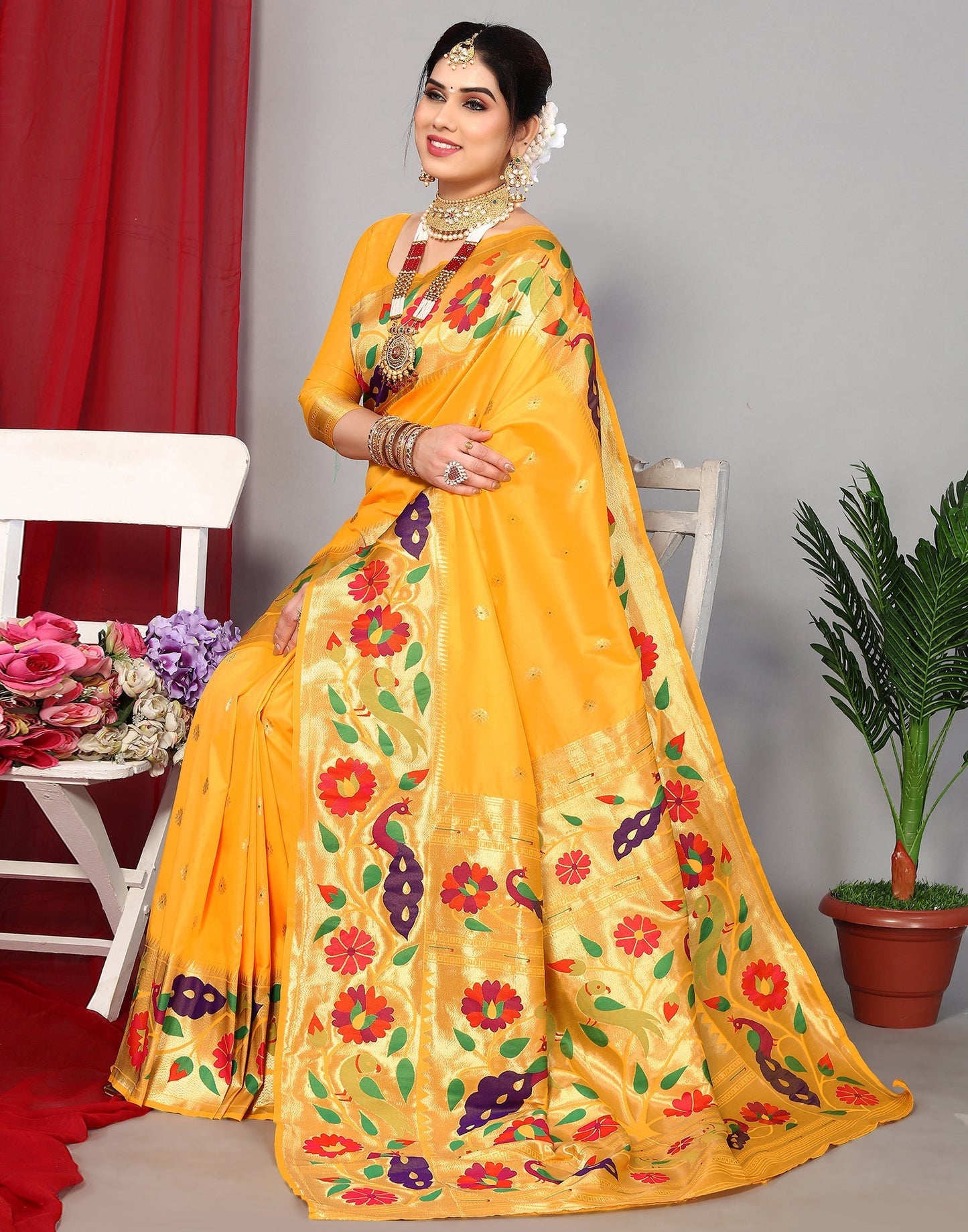 Turmeric Yellow Paithani Silk Saree | Leemboodi