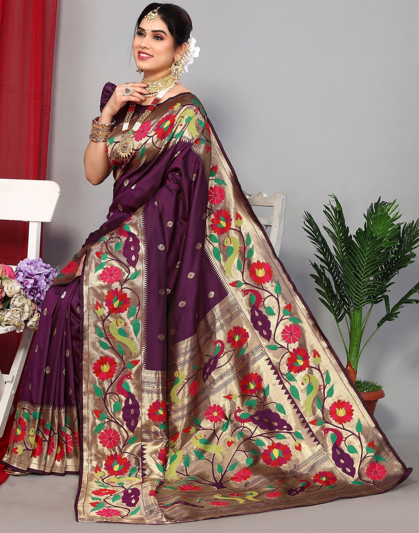 Wine Paithani Silk Saree | Leemboodi