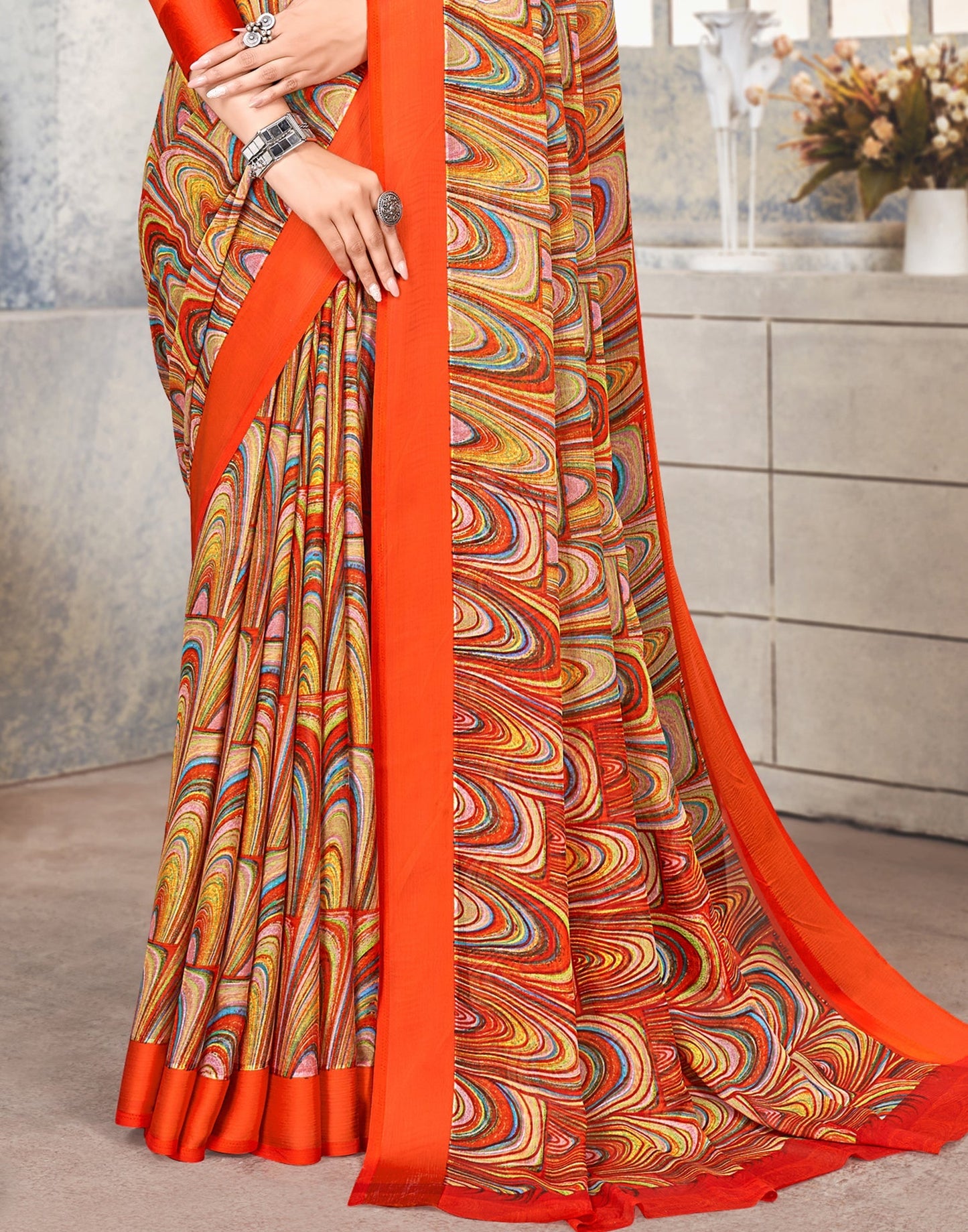 Multicoloured Printed Chiffon Saree | Leemboodi