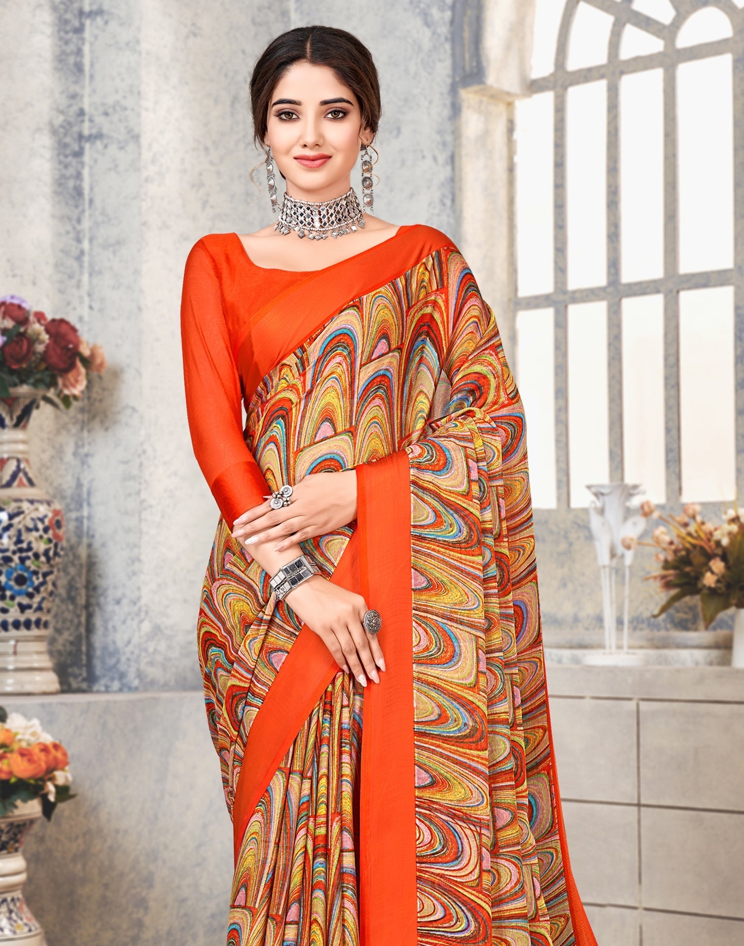 Multicoloured Printed Chiffon Saree | Leemboodi