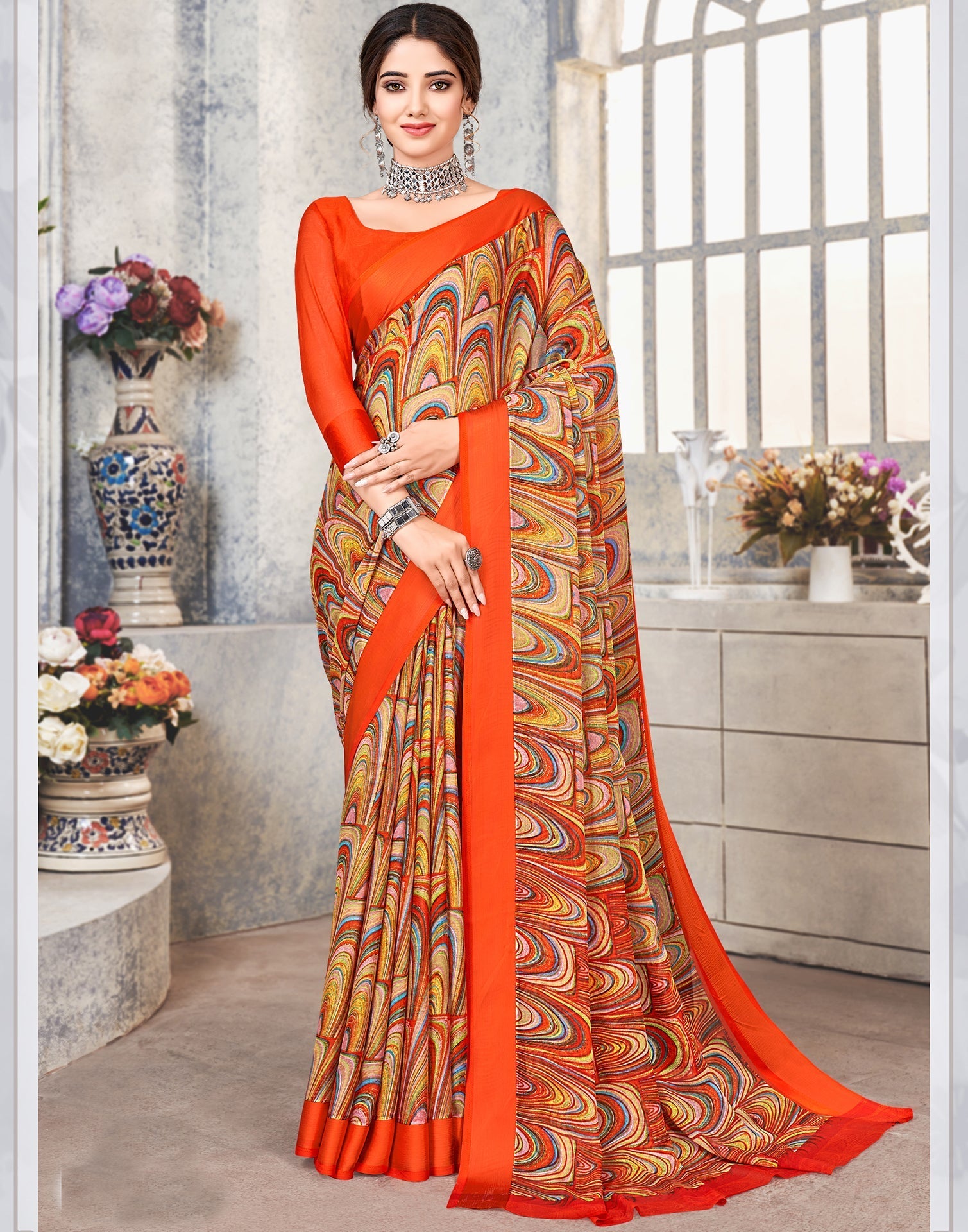 Multicoloured Printed Chiffon Saree | Leemboodi