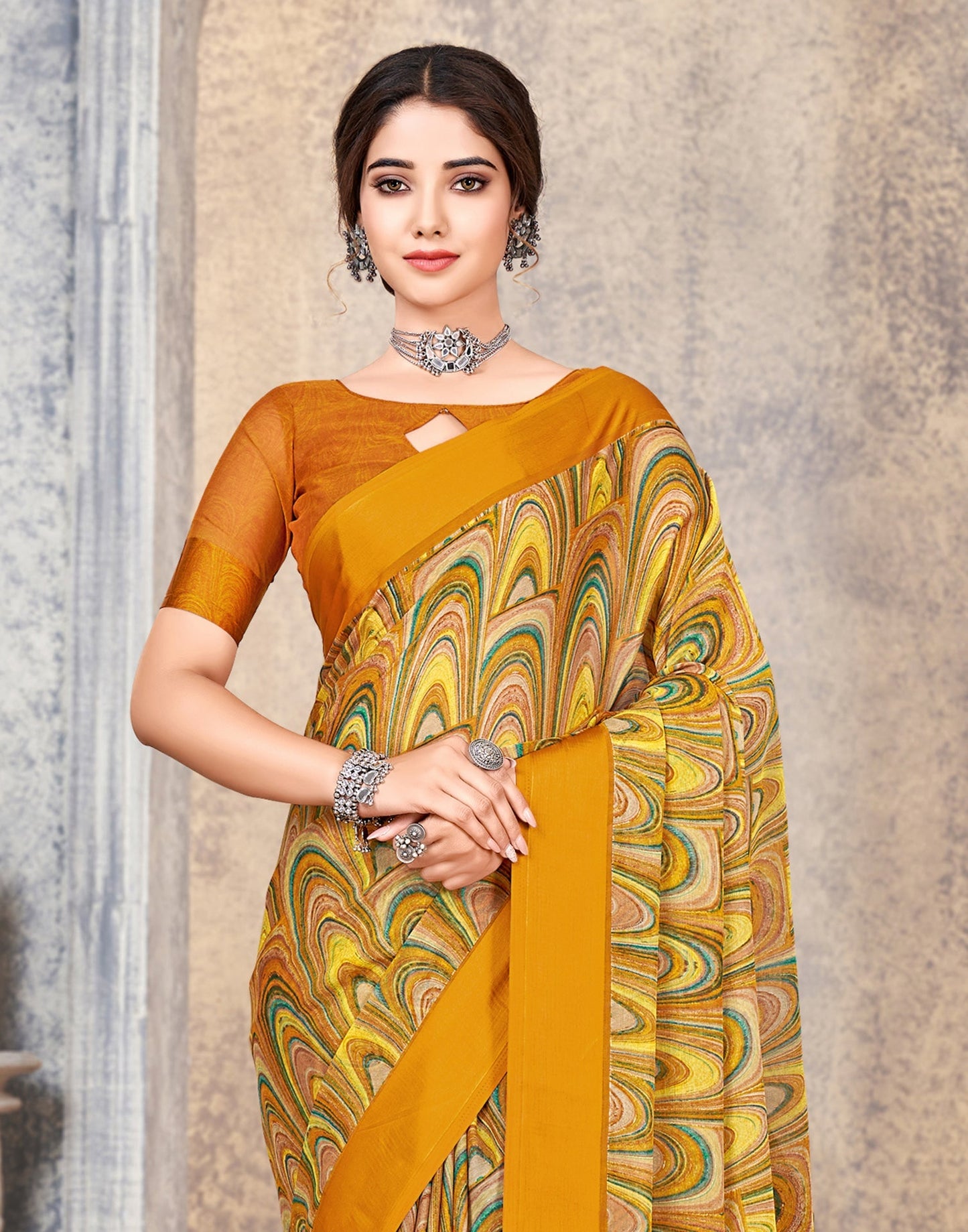 Multicoloured Printed Chiffon Saree | Leemboodi