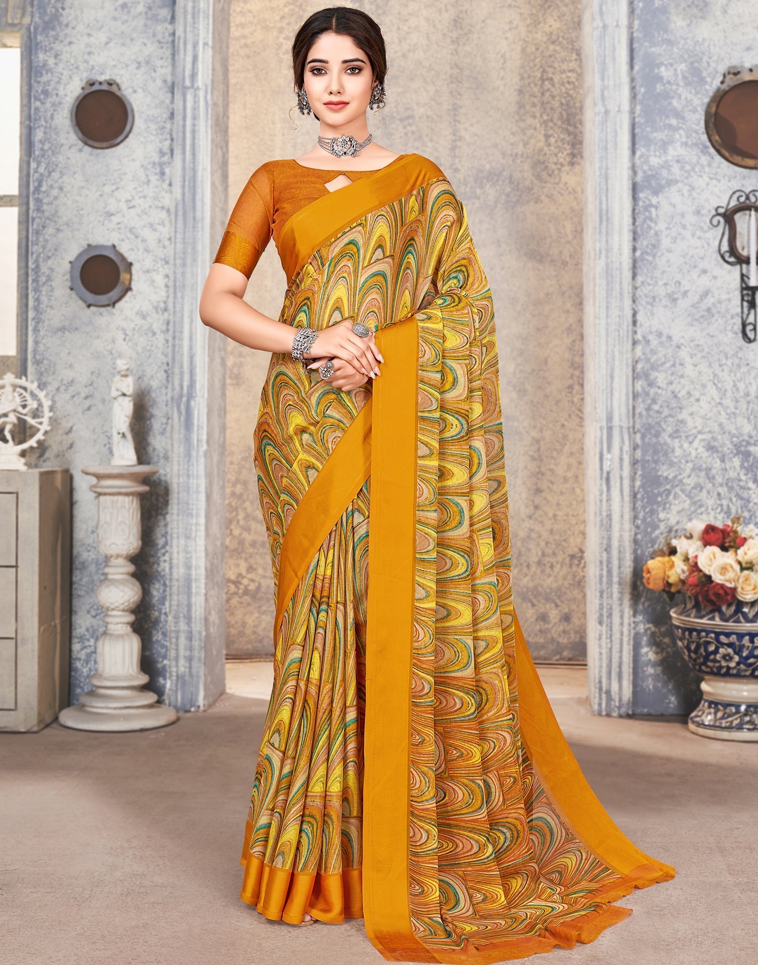 Multicoloured Printed Chiffon Saree | Leemboodi