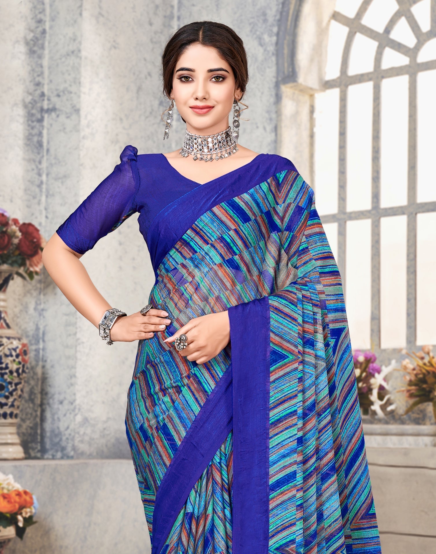 Multicoloured Printed Chiffon Saree | Sudathi