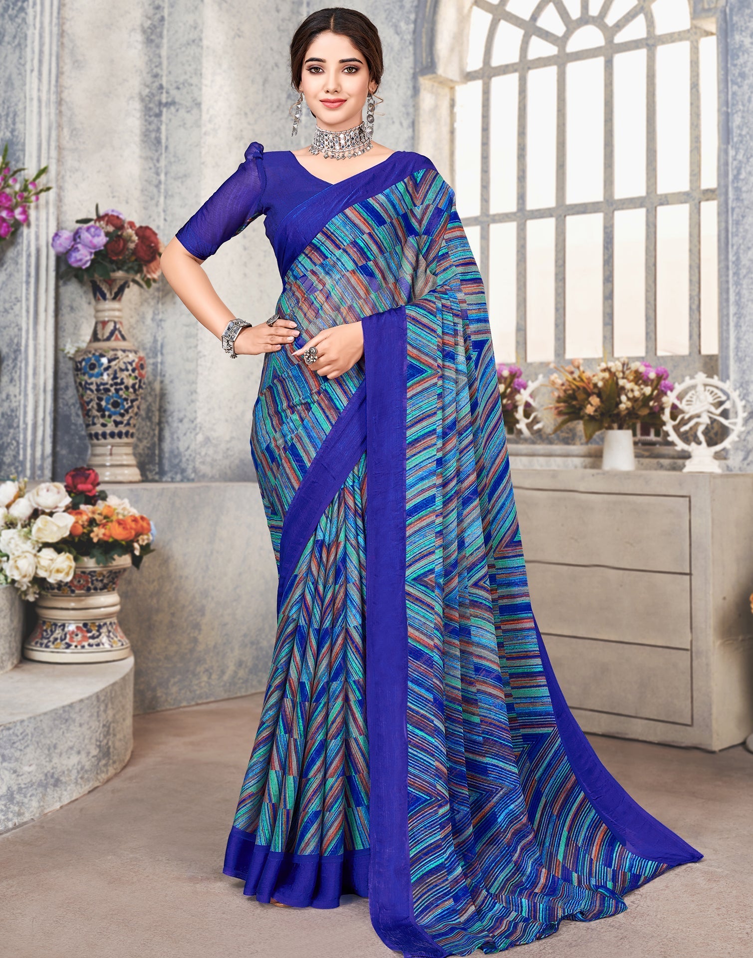 Multicoloured Printed Chiffon Saree | Sudathi