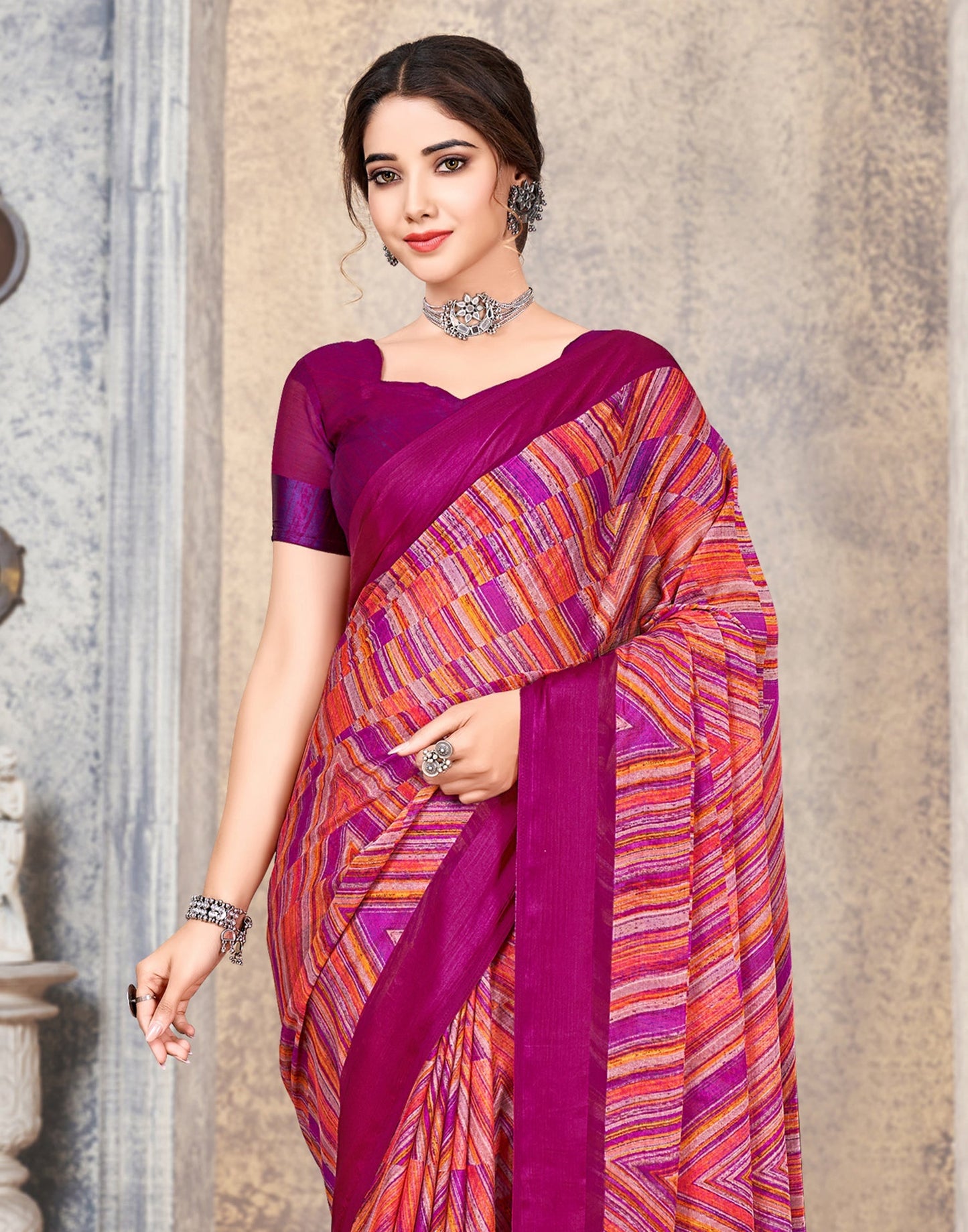 Multicoloured Printed Chiffon Saree | Leemboodi