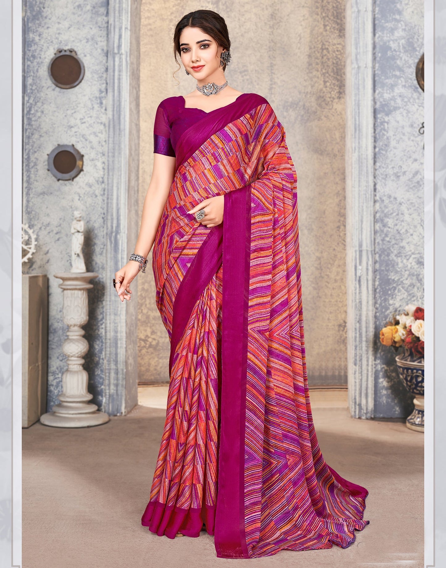 Multicoloured Printed Chiffon Saree | Leemboodi