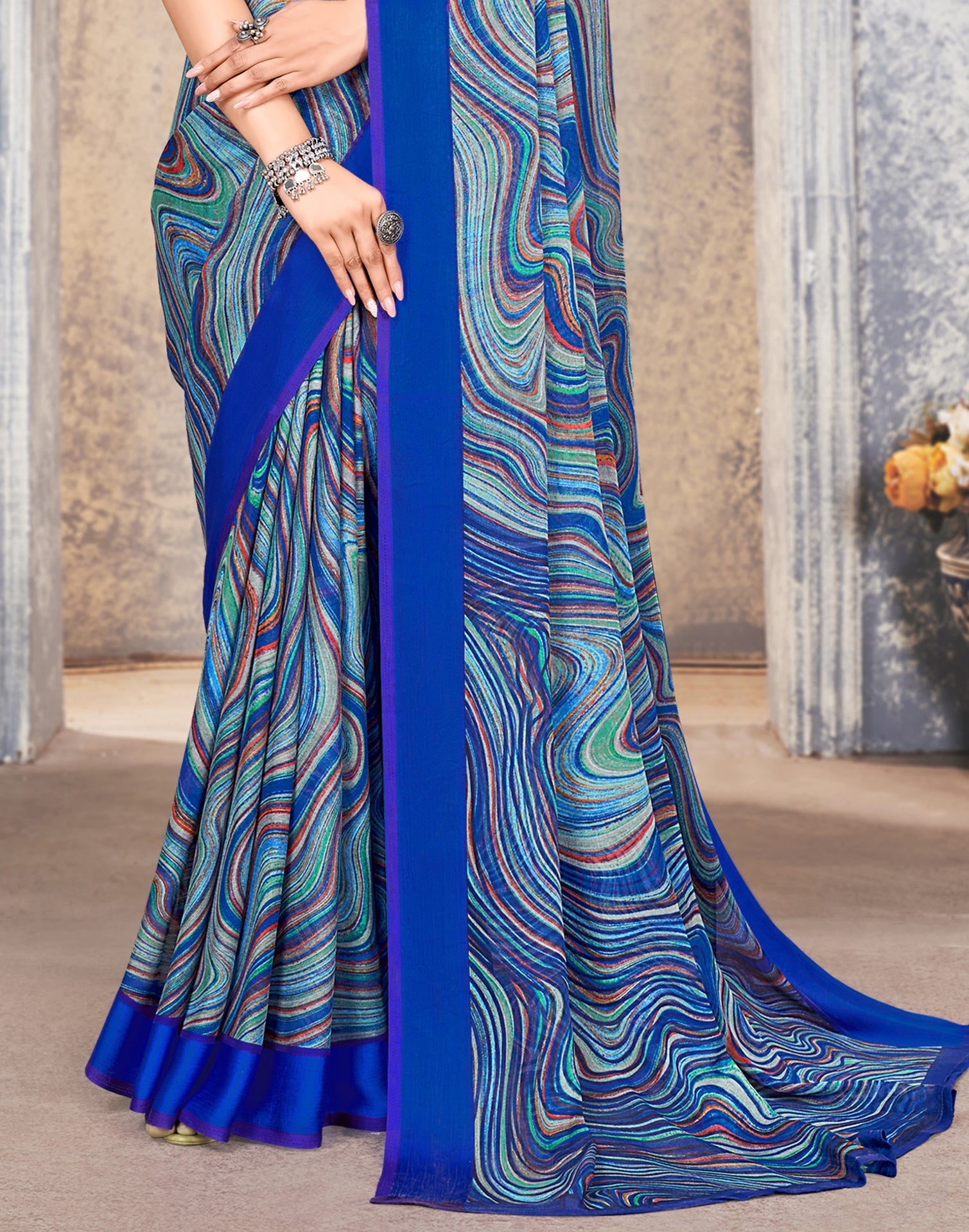Multicoloured Printed Chiffon Saree | Leemboodi