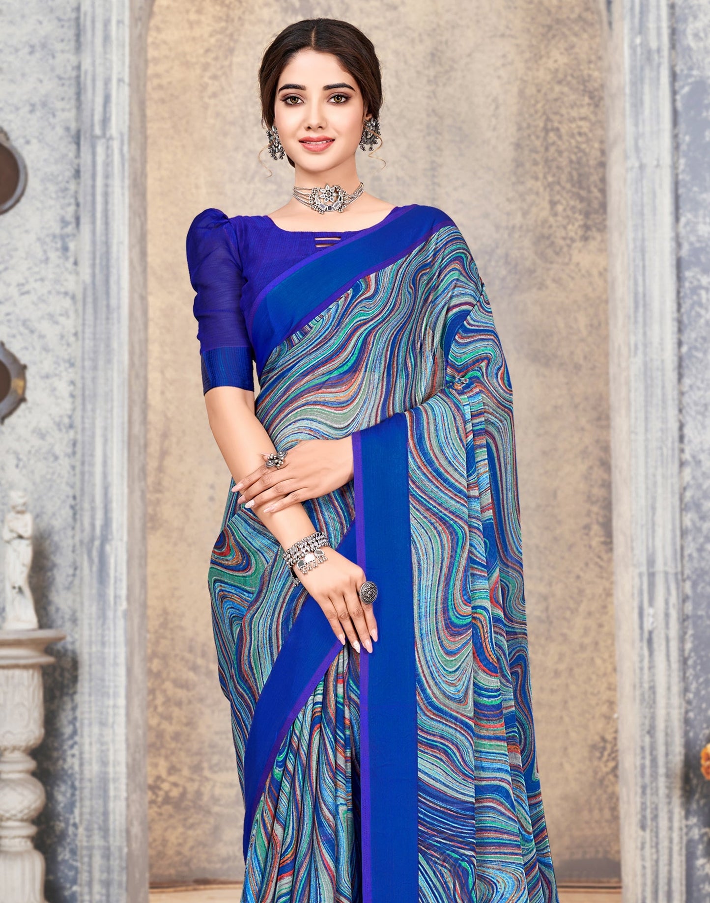 Multicoloured Printed Chiffon Saree | Leemboodi
