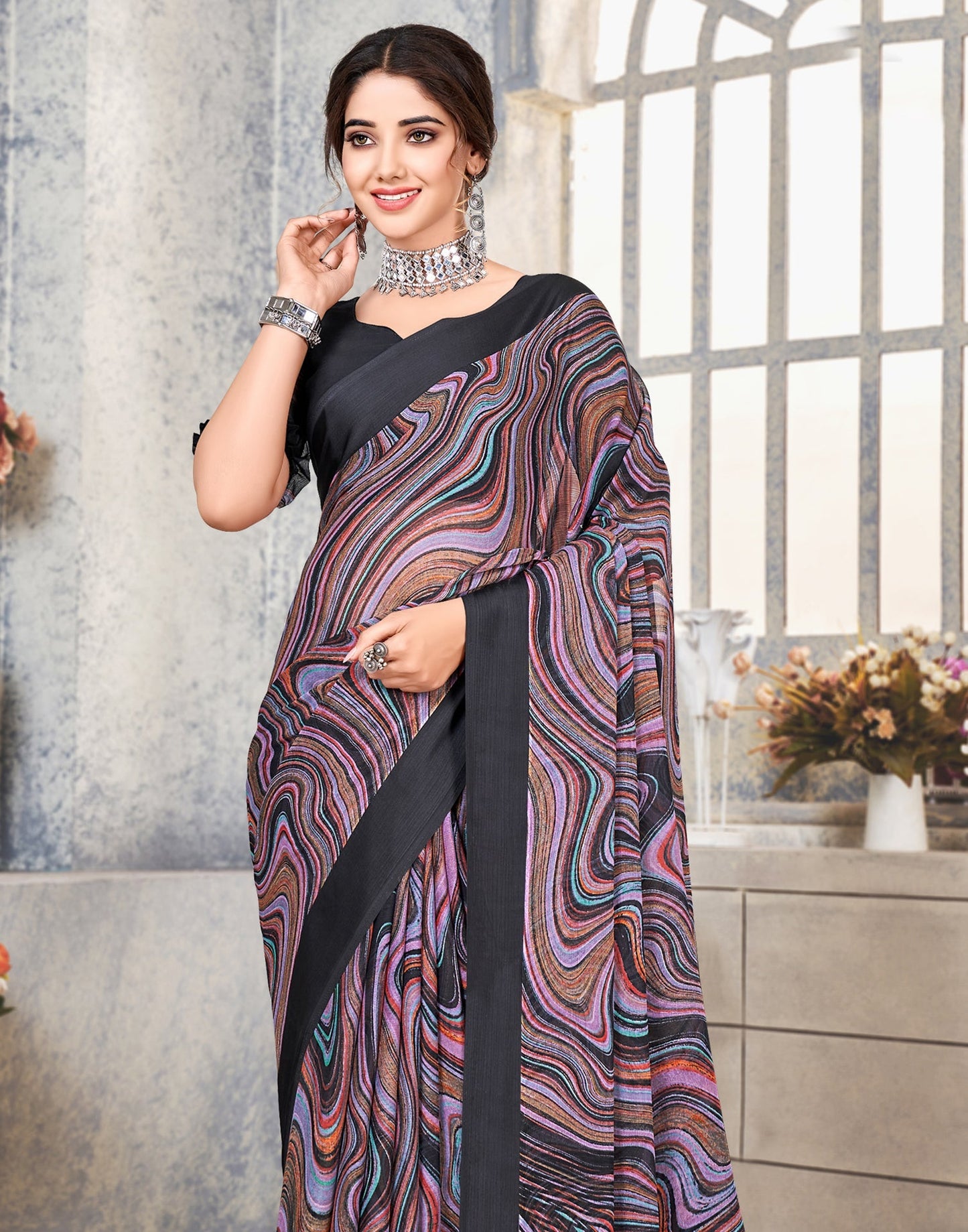Multicoloured Printed Chiffon Saree | Sudathi