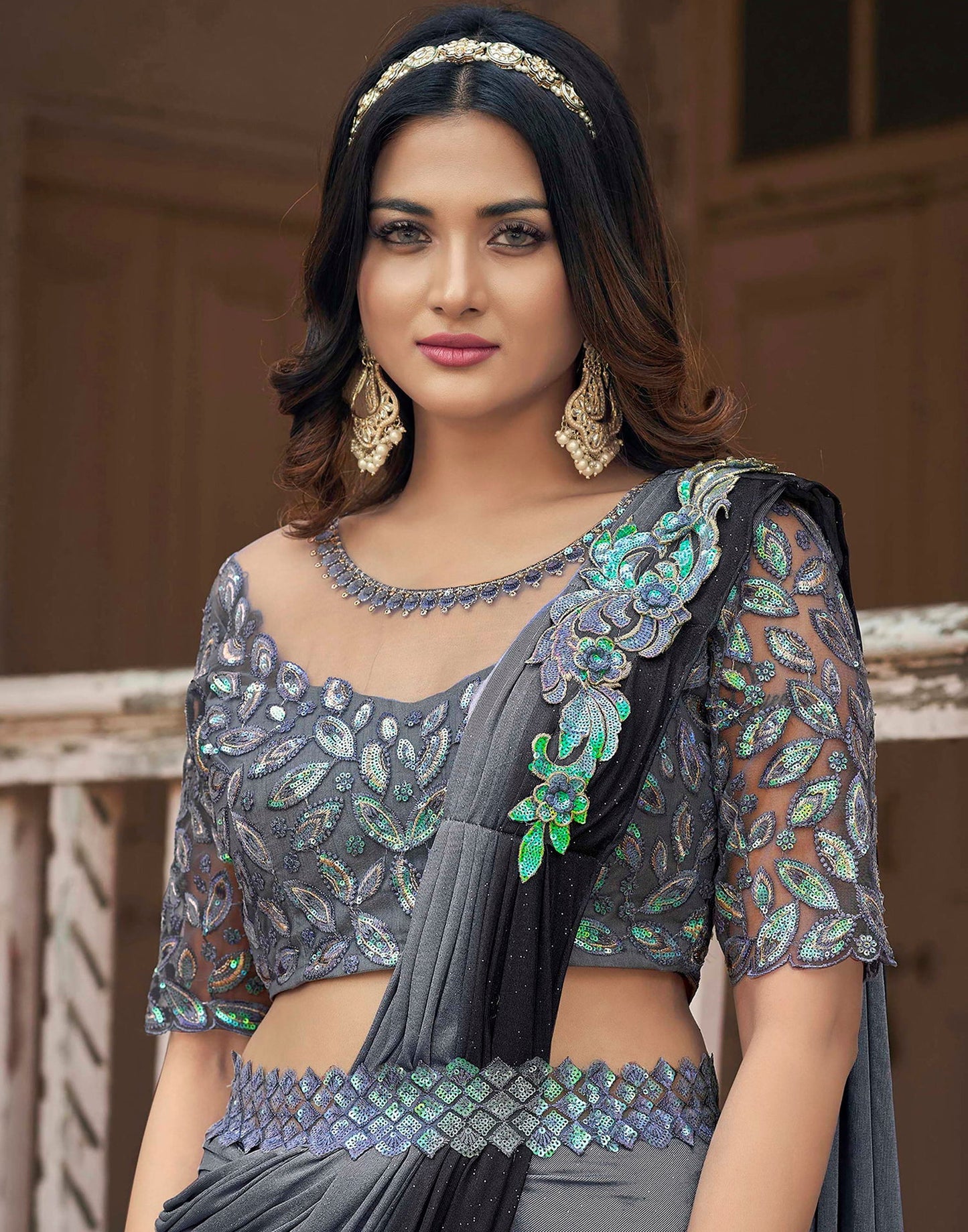 Grey Plain Lycra Saree | Leemboodi