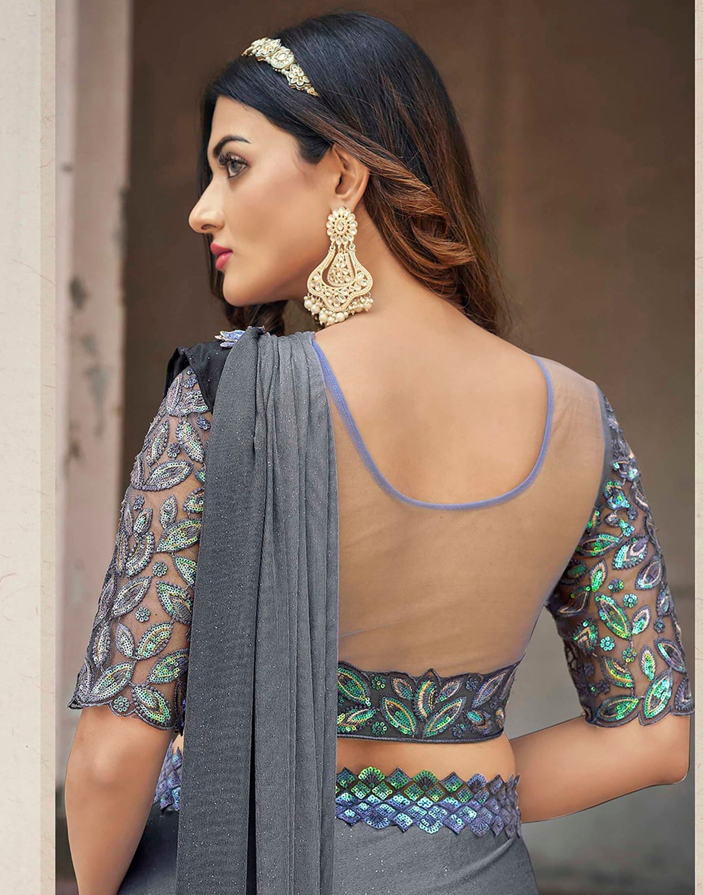 Grey Plain Lycra Saree | Leemboodi