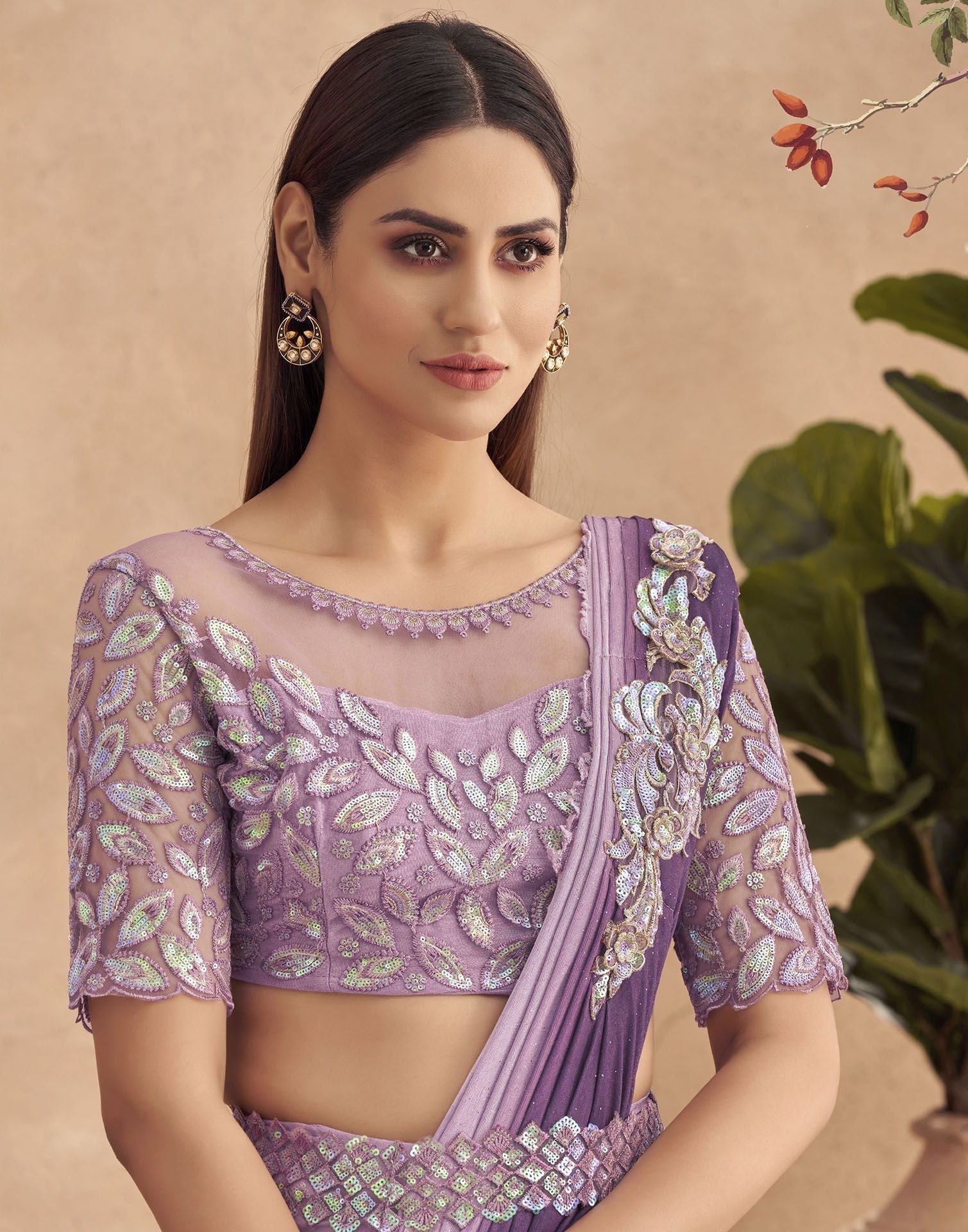 Purple Plain Pre-draped Saree With Belt | Leemboodi