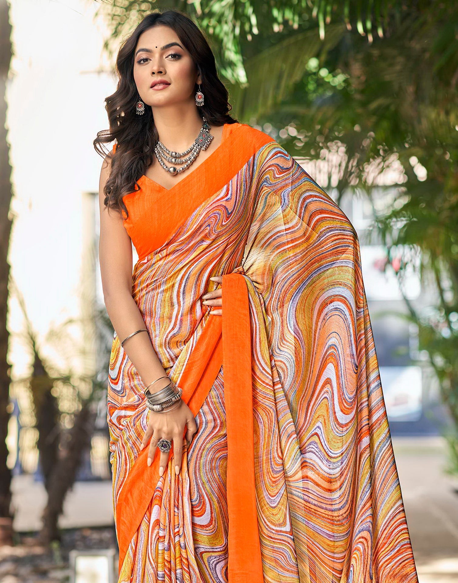 Light Orange Printed Chiffon Saree | Sudathi