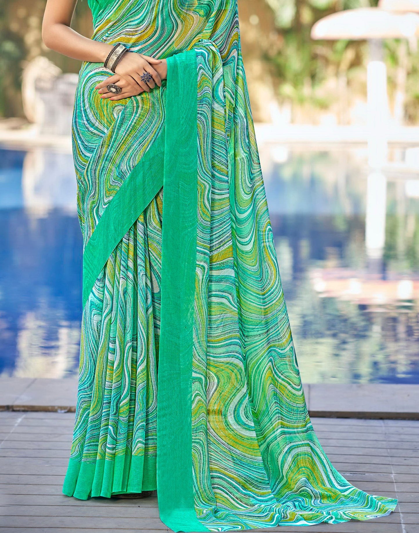 Turquoise Printed Chiffon Saree | Sudathi