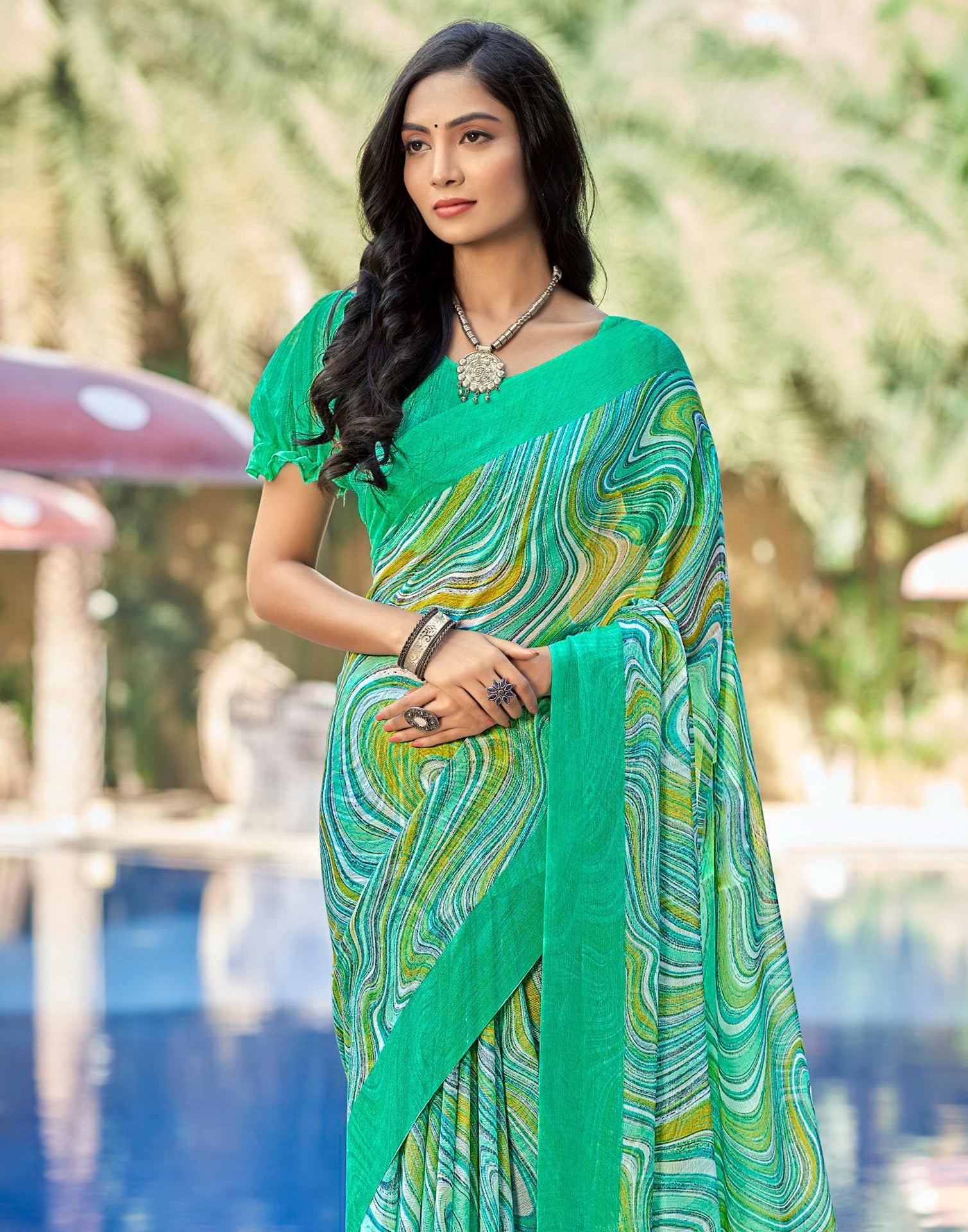 Turquoise Printed Chiffon Saree | Sudathi