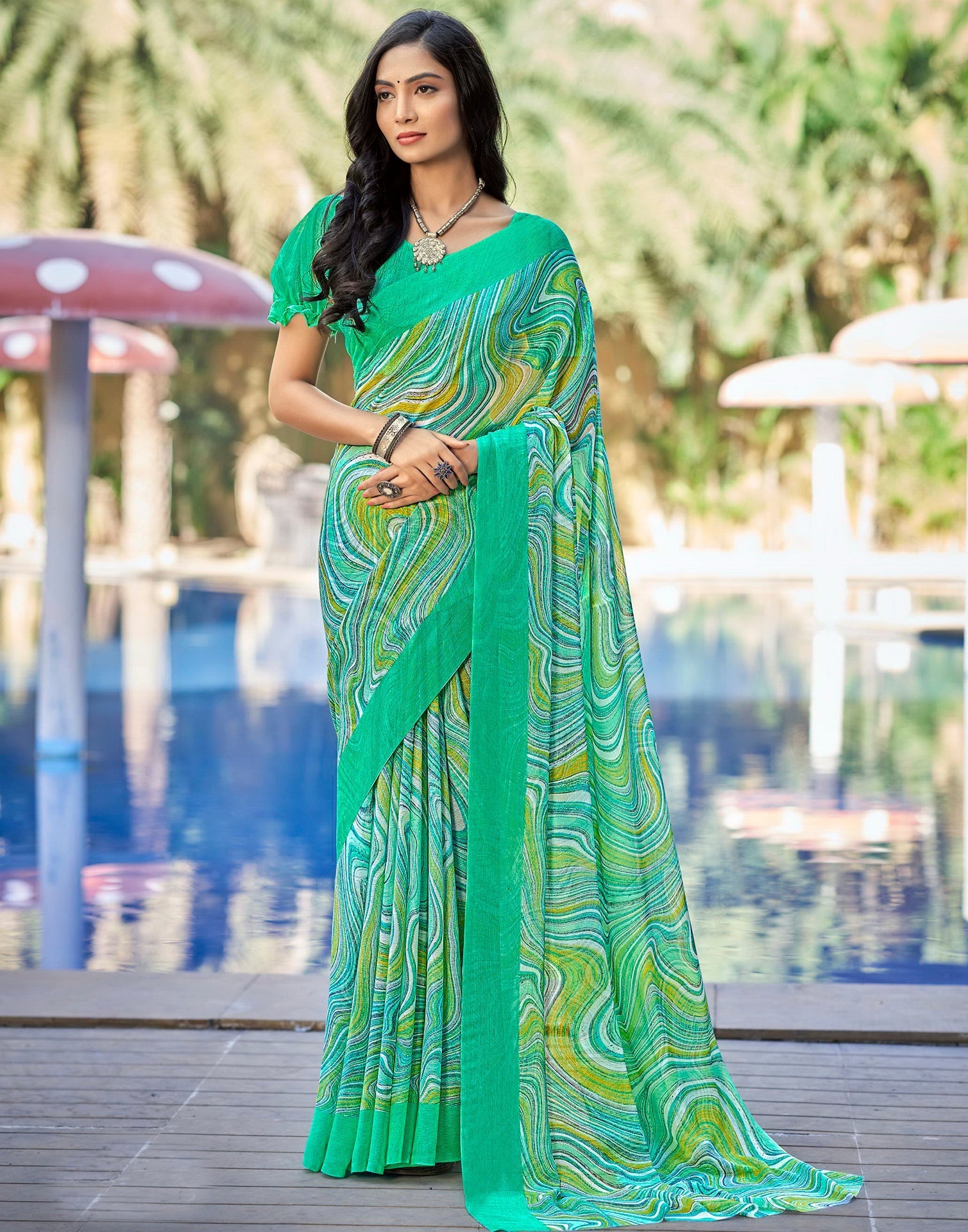 Turquoise Printed Chiffon Saree | Sudathi