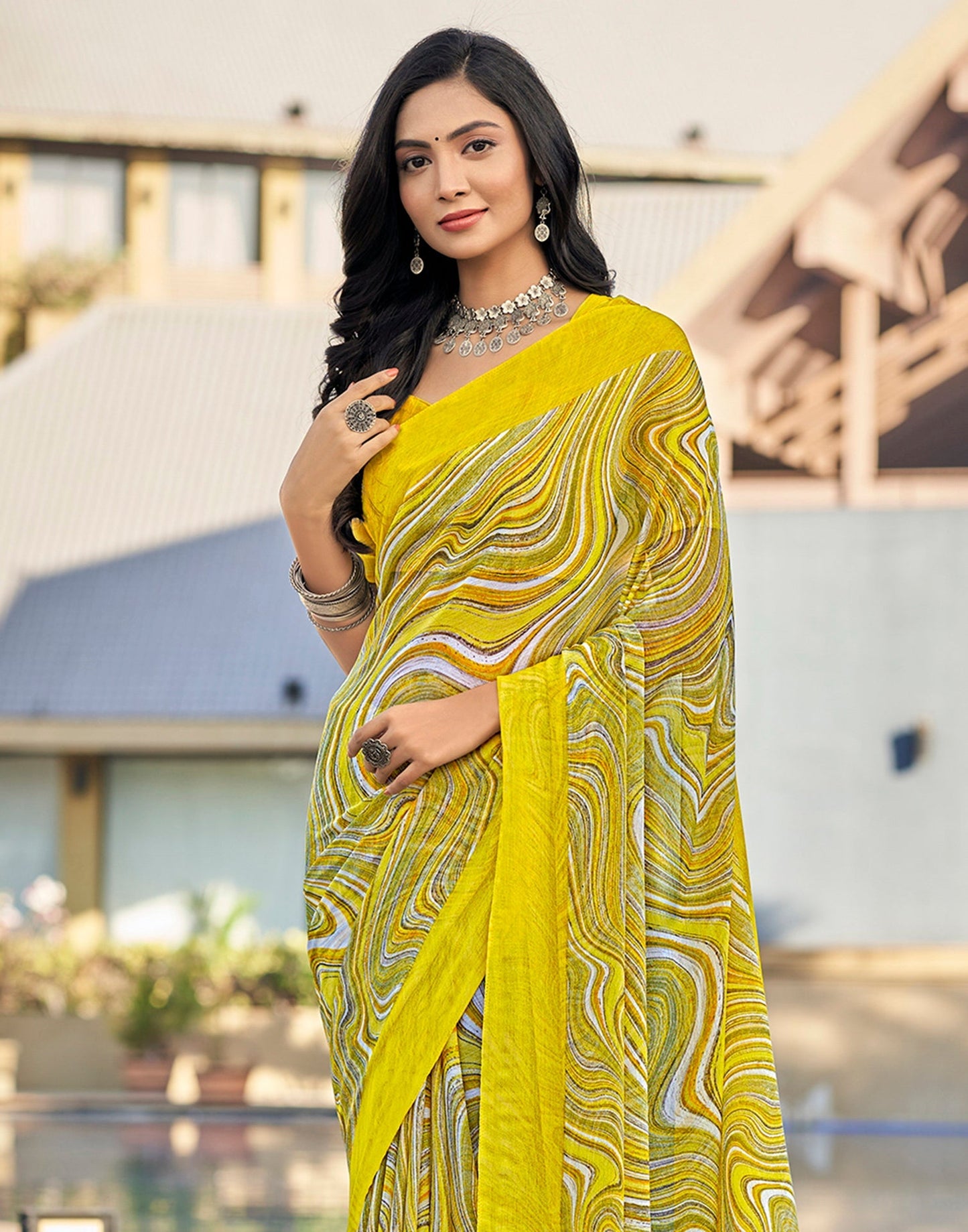 Light Yellow Printed Chiffon Saree | Sudathi