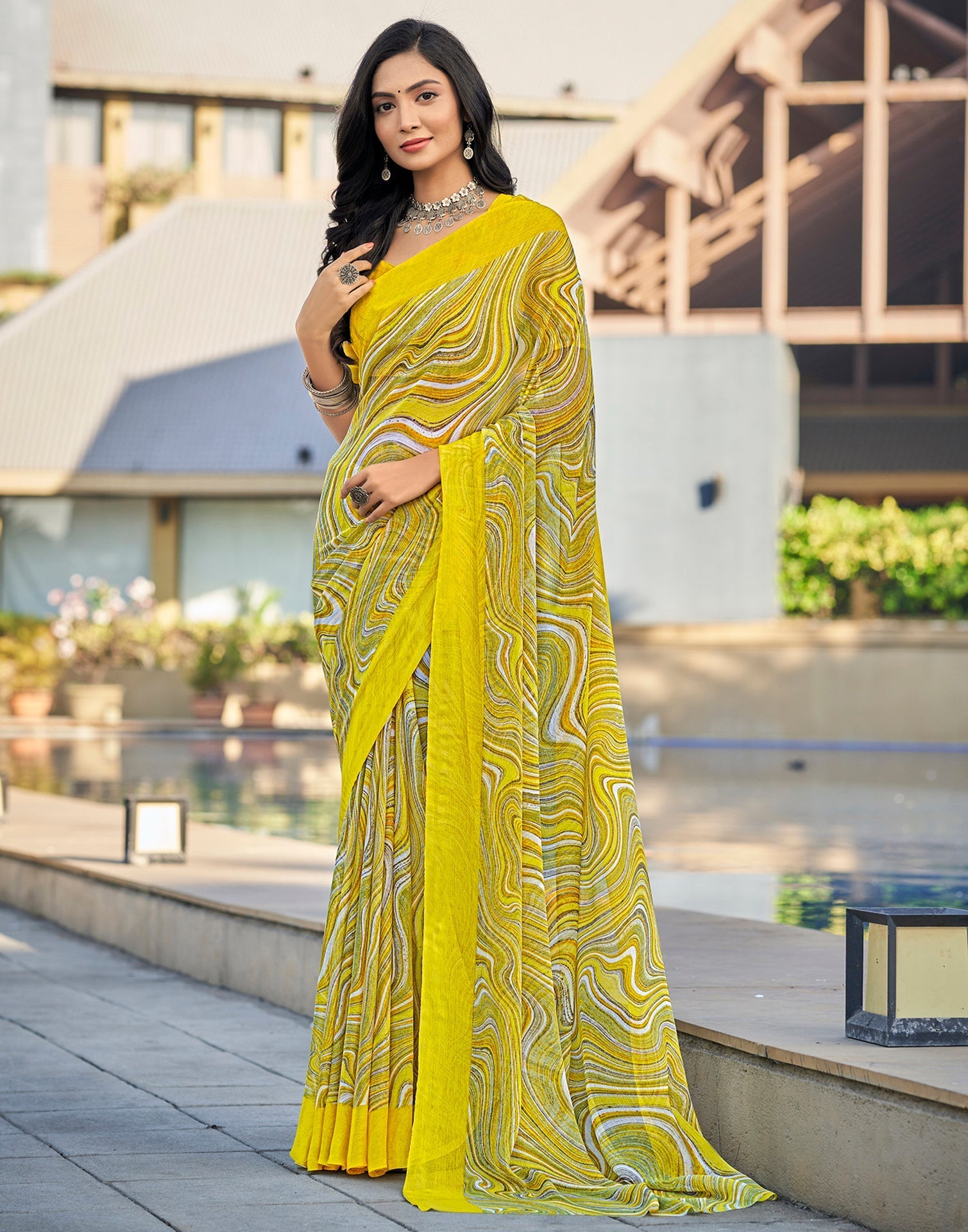 Light Yellow Printed Chiffon Saree | Sudathi