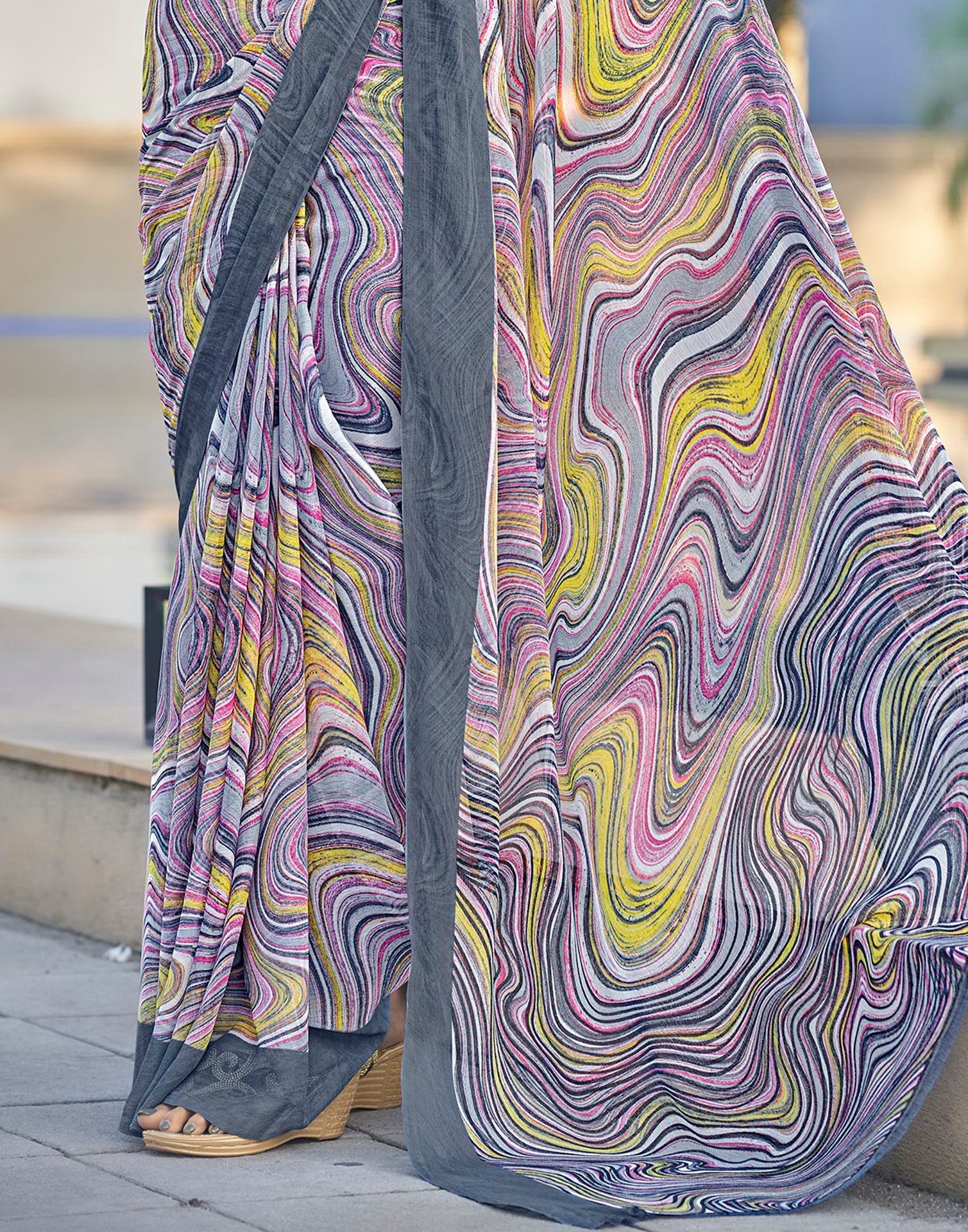 Light Grey Printed Chiffon Saree | Sudathi