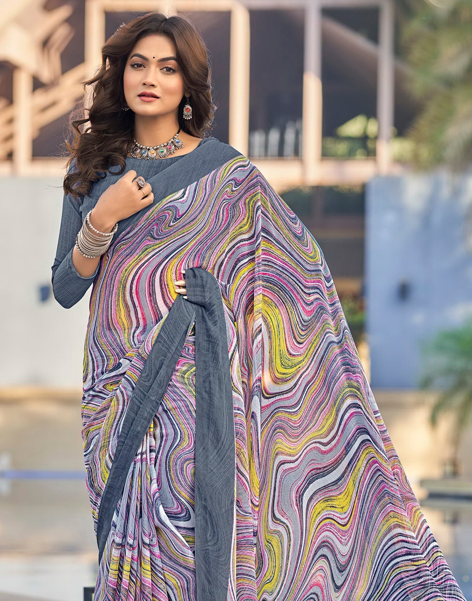 Light Grey Printed Chiffon Saree | Sudathi
