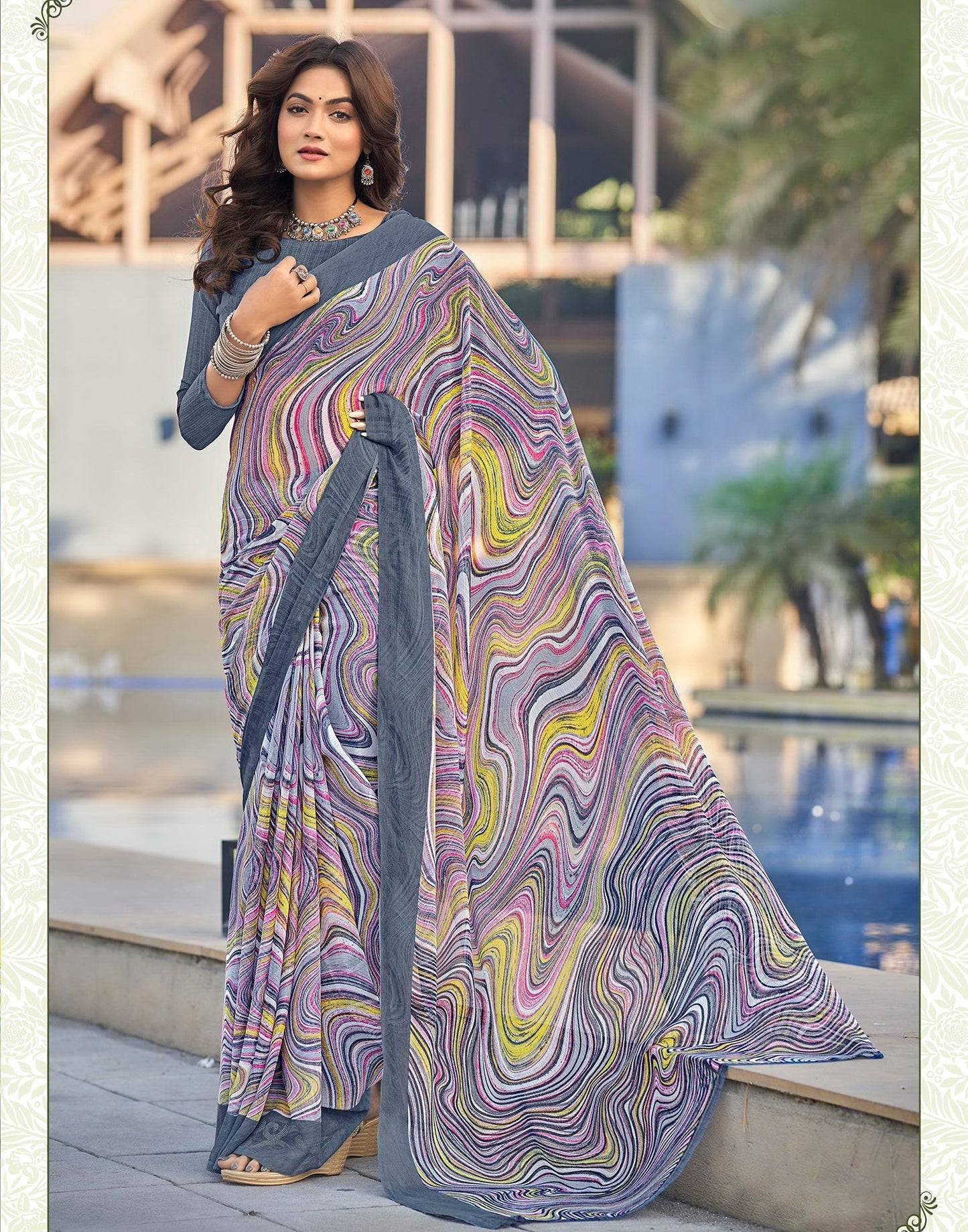 Light Grey Printed Chiffon Saree | Sudathi