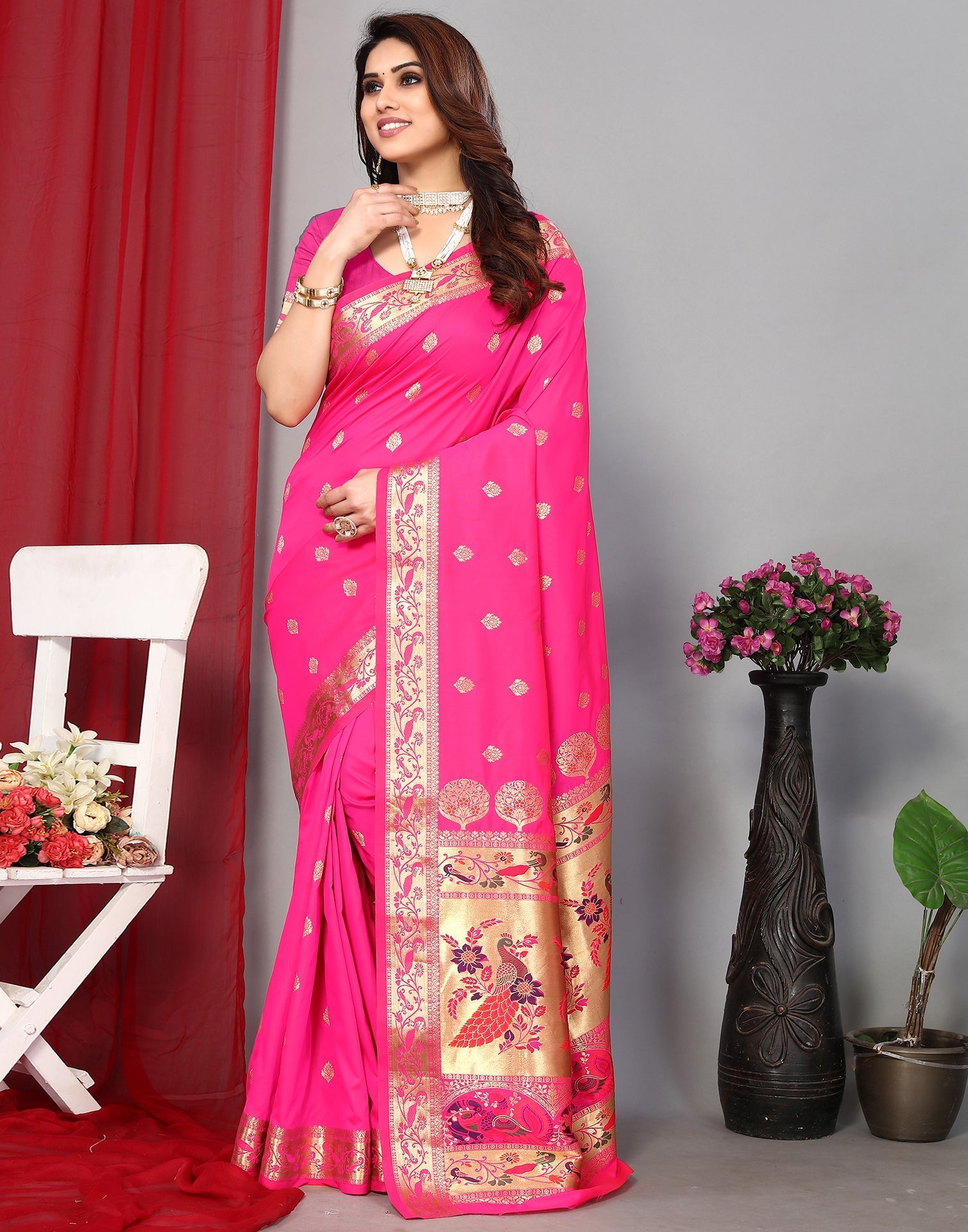 Rani Pink Paithani Silk Saree | Leemboodi