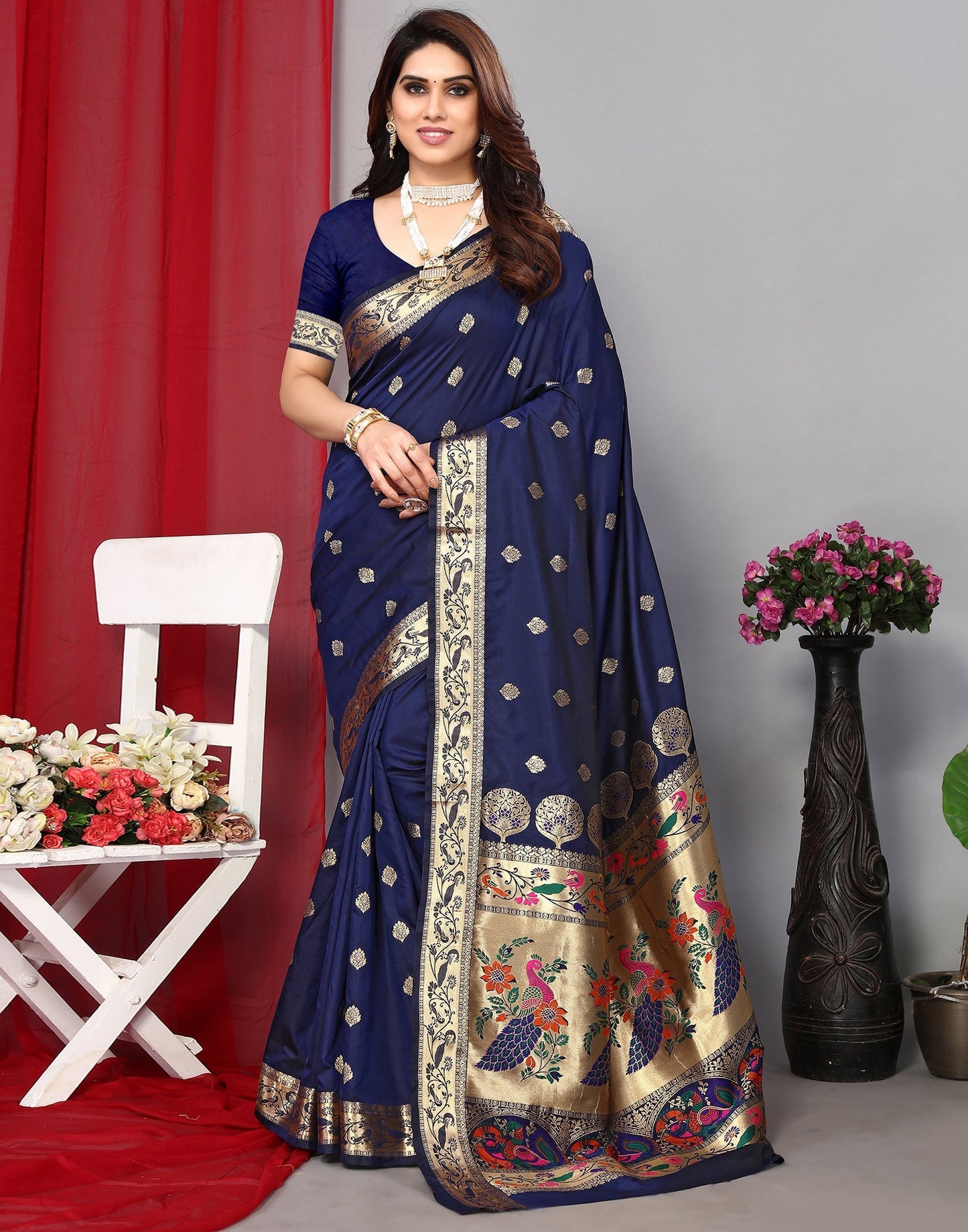 Navy Blue Paithani Silk Saree | Leemboodi