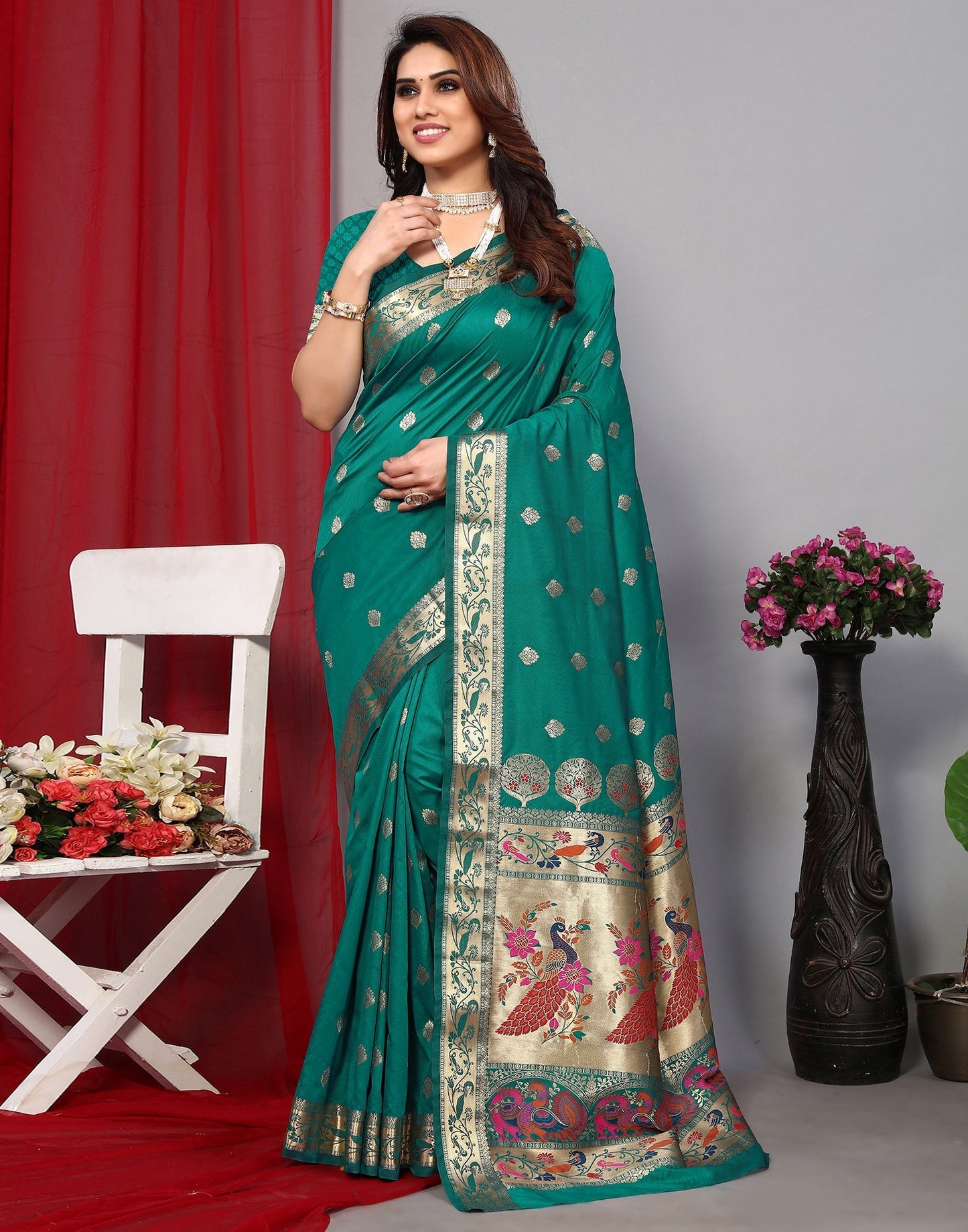 Rama Green Paithani Silk Saree | Leemboodi