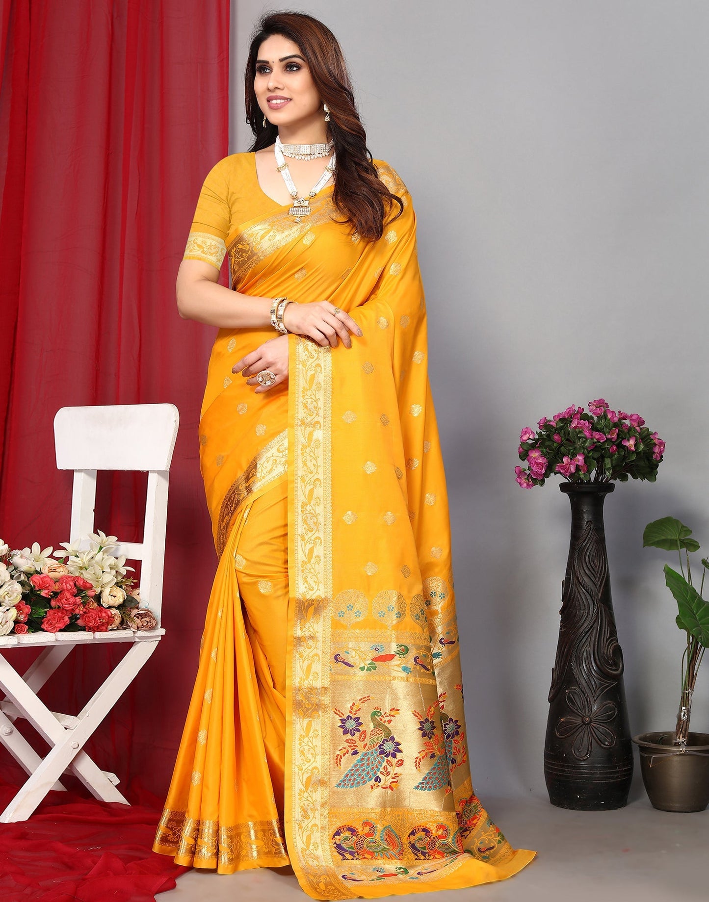 Turmeric Yellow Paithani Silk Saree | Leemboodi