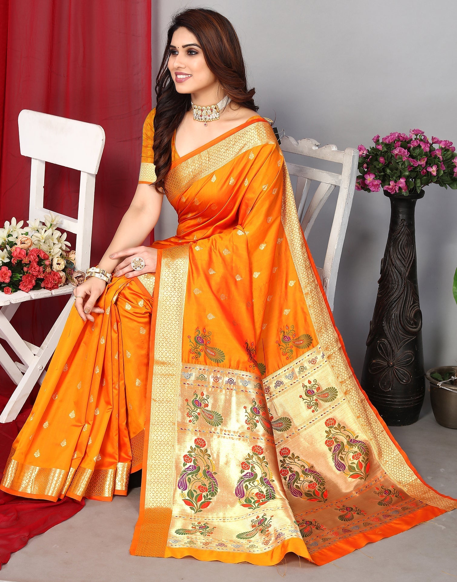 Orange Banarasi Silk Saree | Leemboodi