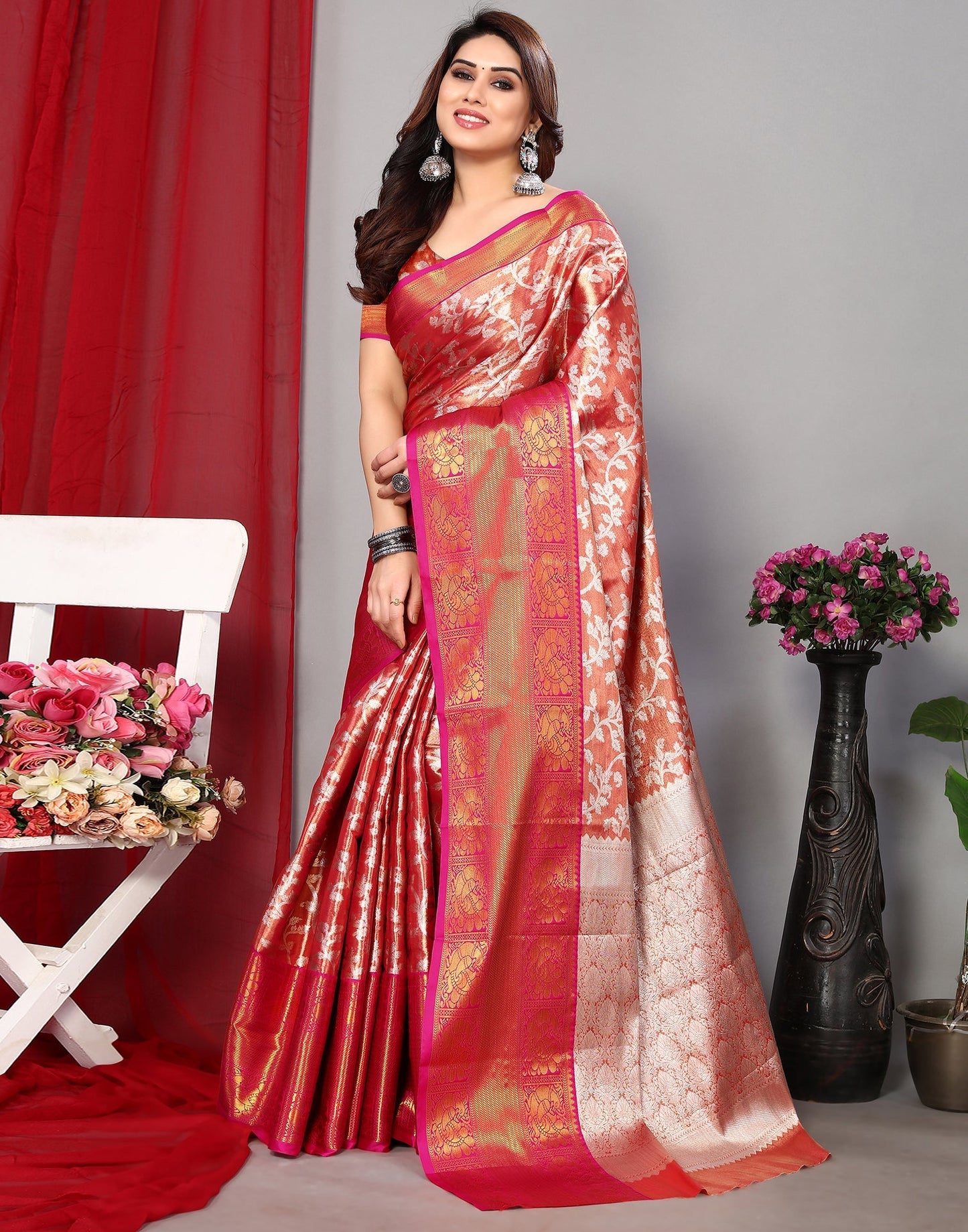 Light Red Banarasi Silk Saree | Leemboodi