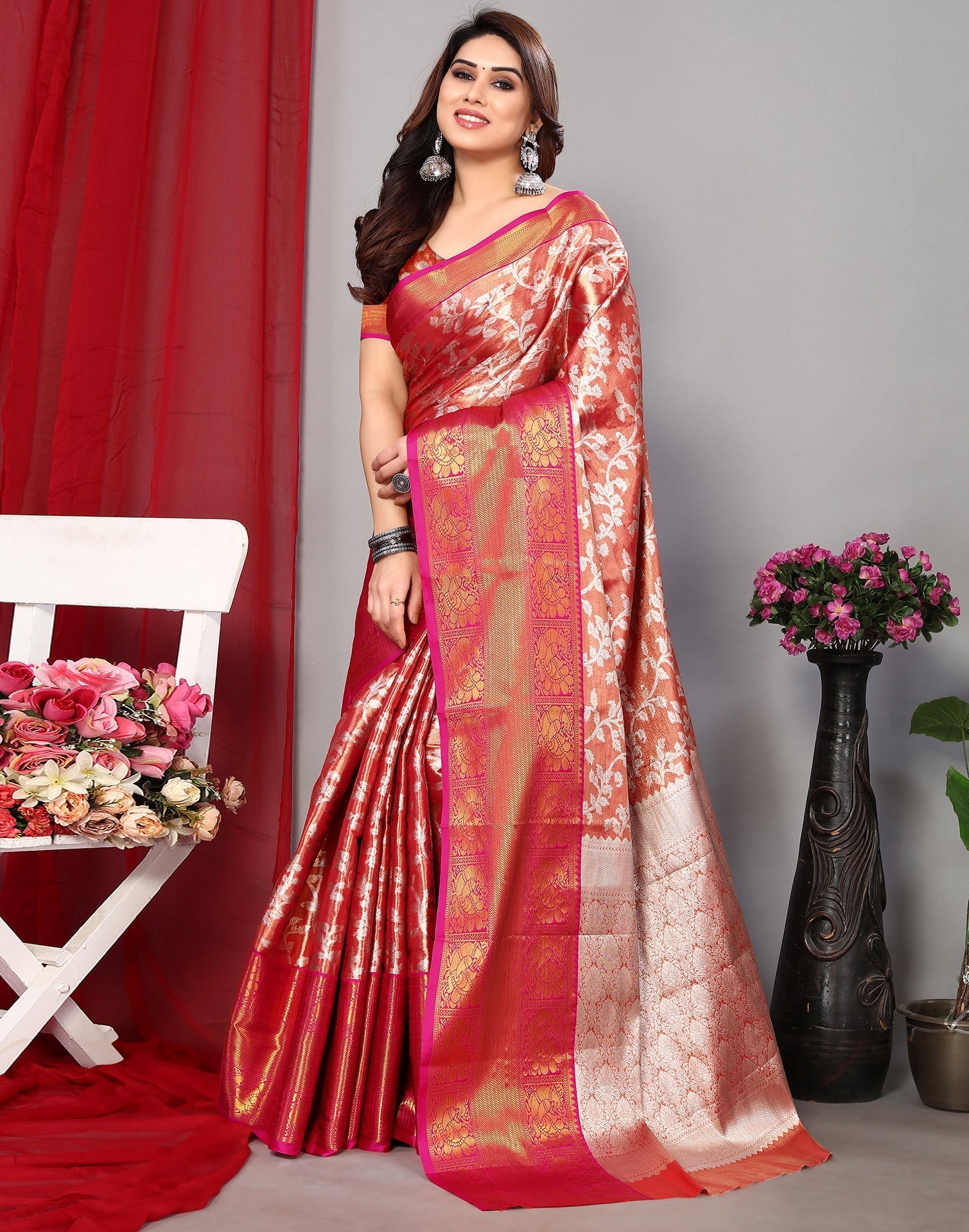Light Red Banarasi Silk Saree | Leemboodi