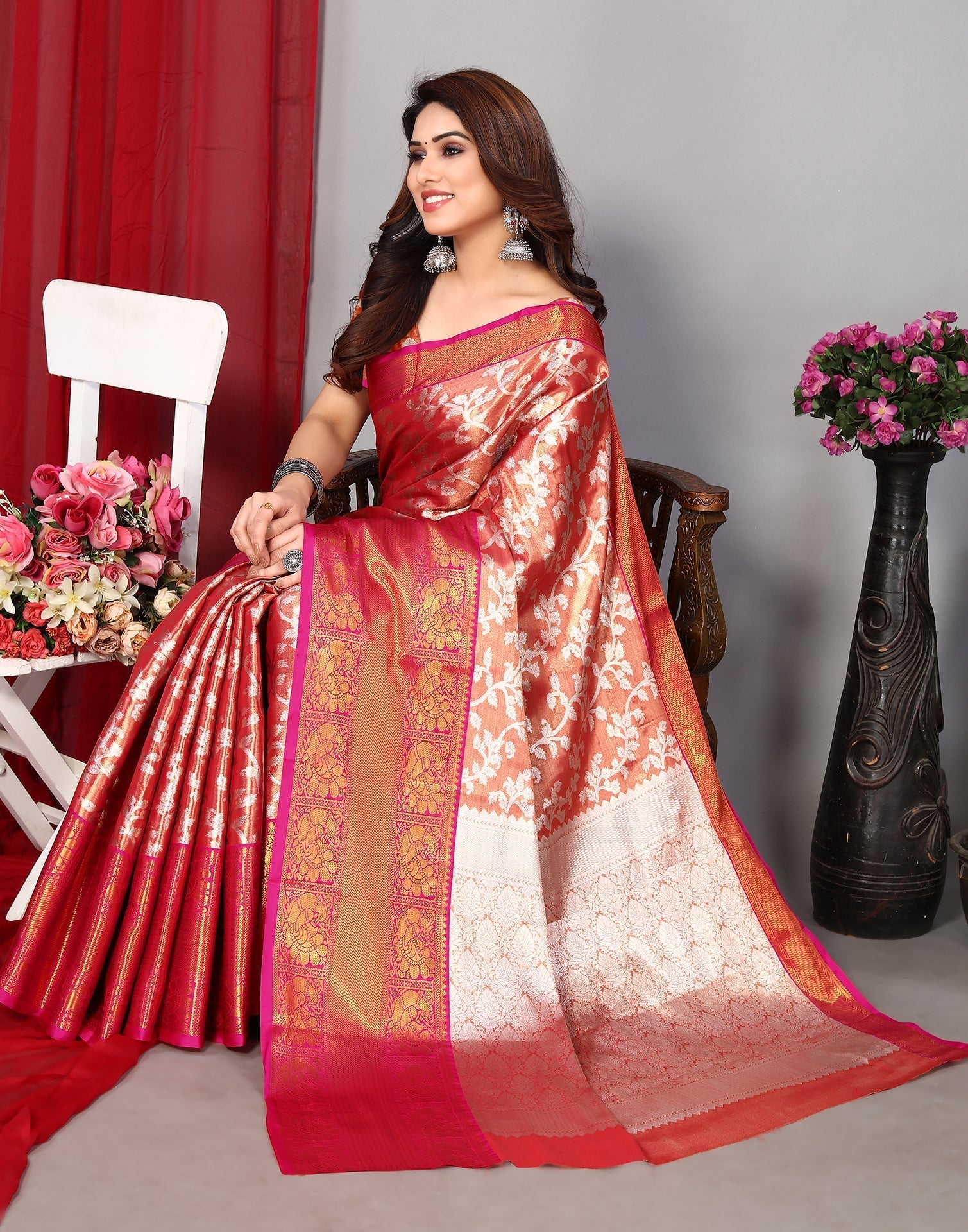 Light Red Banarasi Silk Saree | Leemboodi