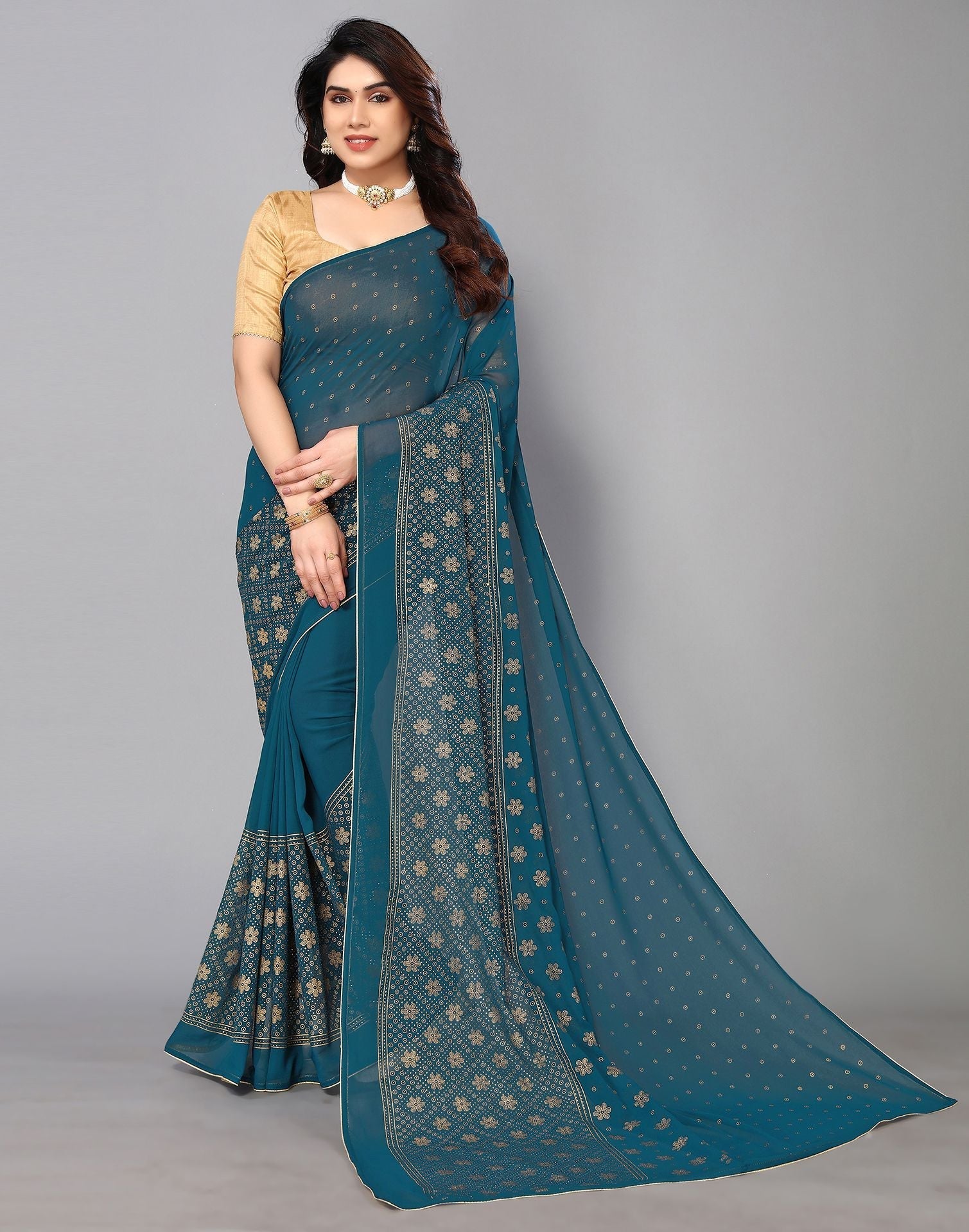 Teal Printed Saree | Leemboodi