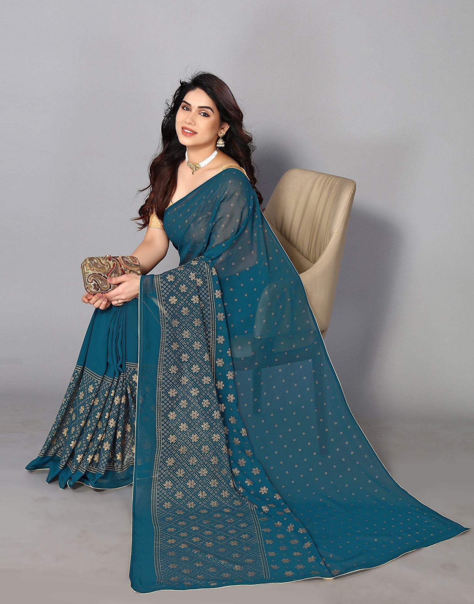 Teal Printed Saree | Leemboodi