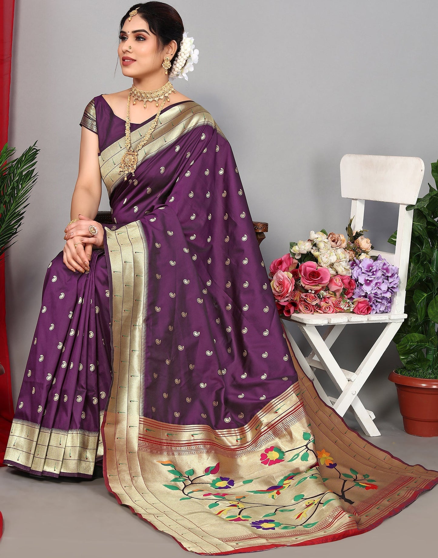 Wine Paithani Silk Saree | Leemboodi