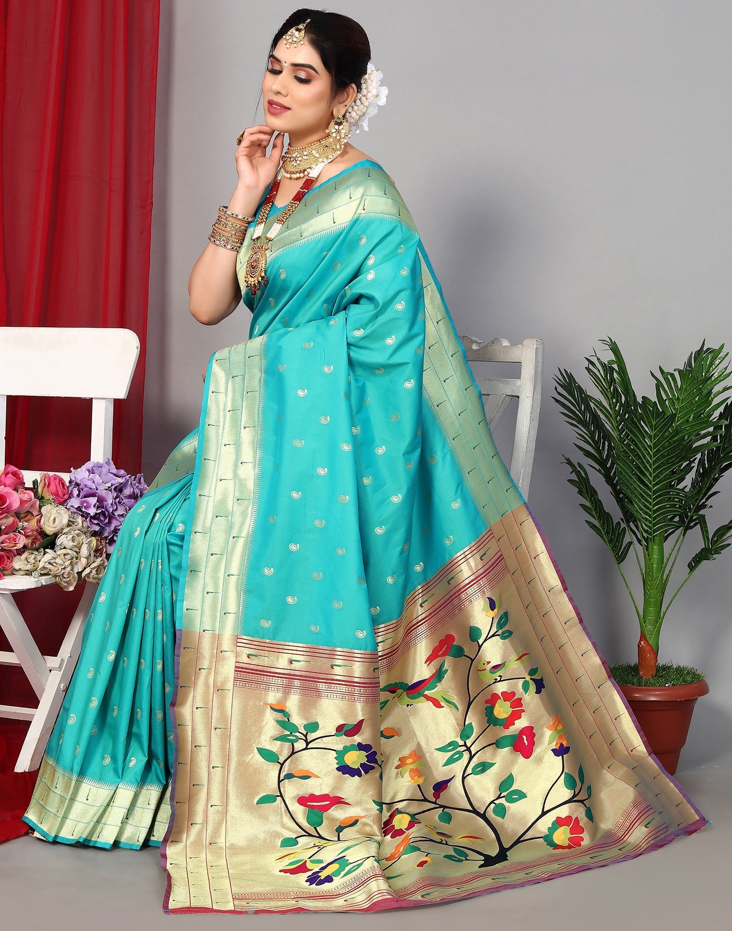 Turquoise Paithani Silk Saree | Leemboodi