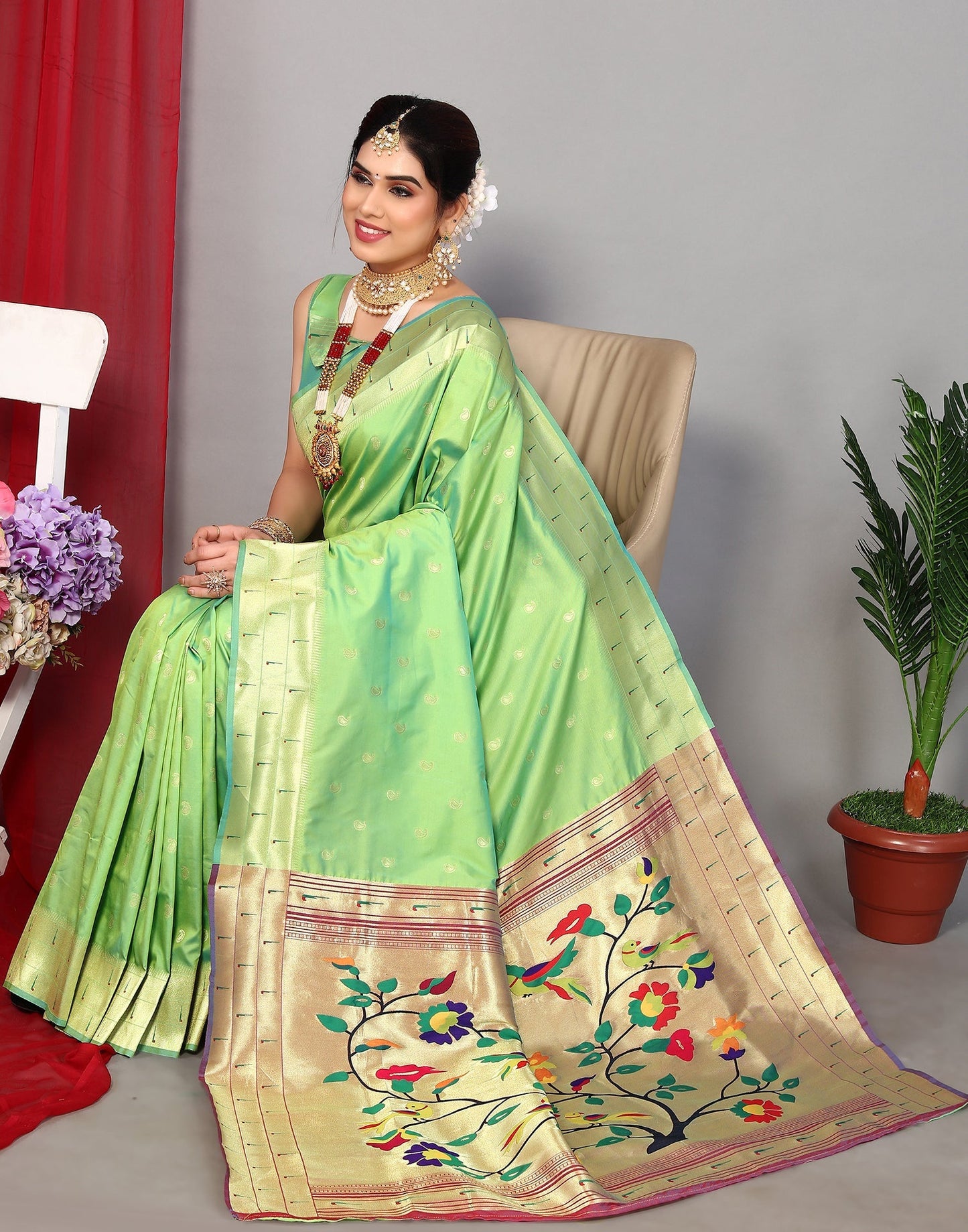 Light Green Paithani Silk Saree | Leemboodi