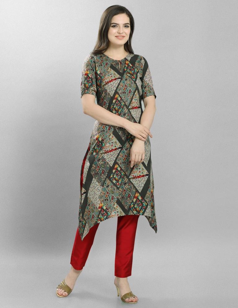 Glistening  Ash Grey Coloured Foil Printed Rayon Kurti | Leemboodi