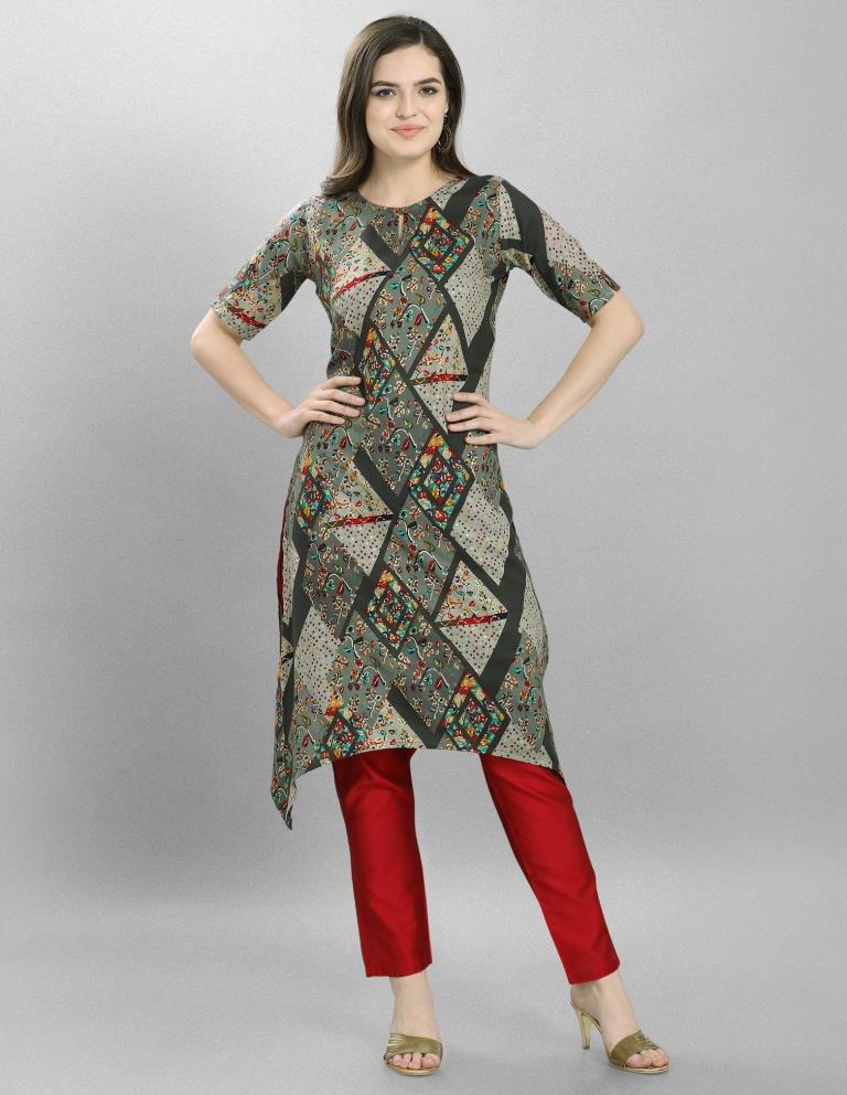 Glistening  Ash Grey Coloured Foil Printed Rayon Kurti | Leemboodi