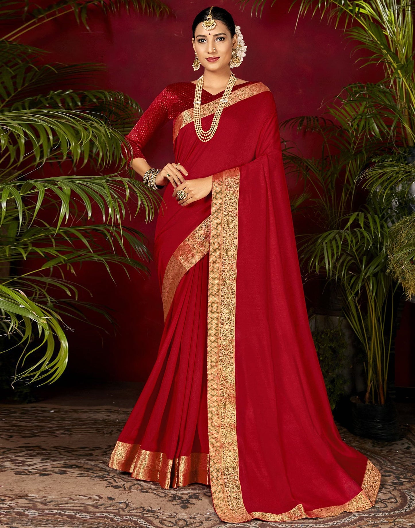 Red Plain Silk Saree | Sudathi