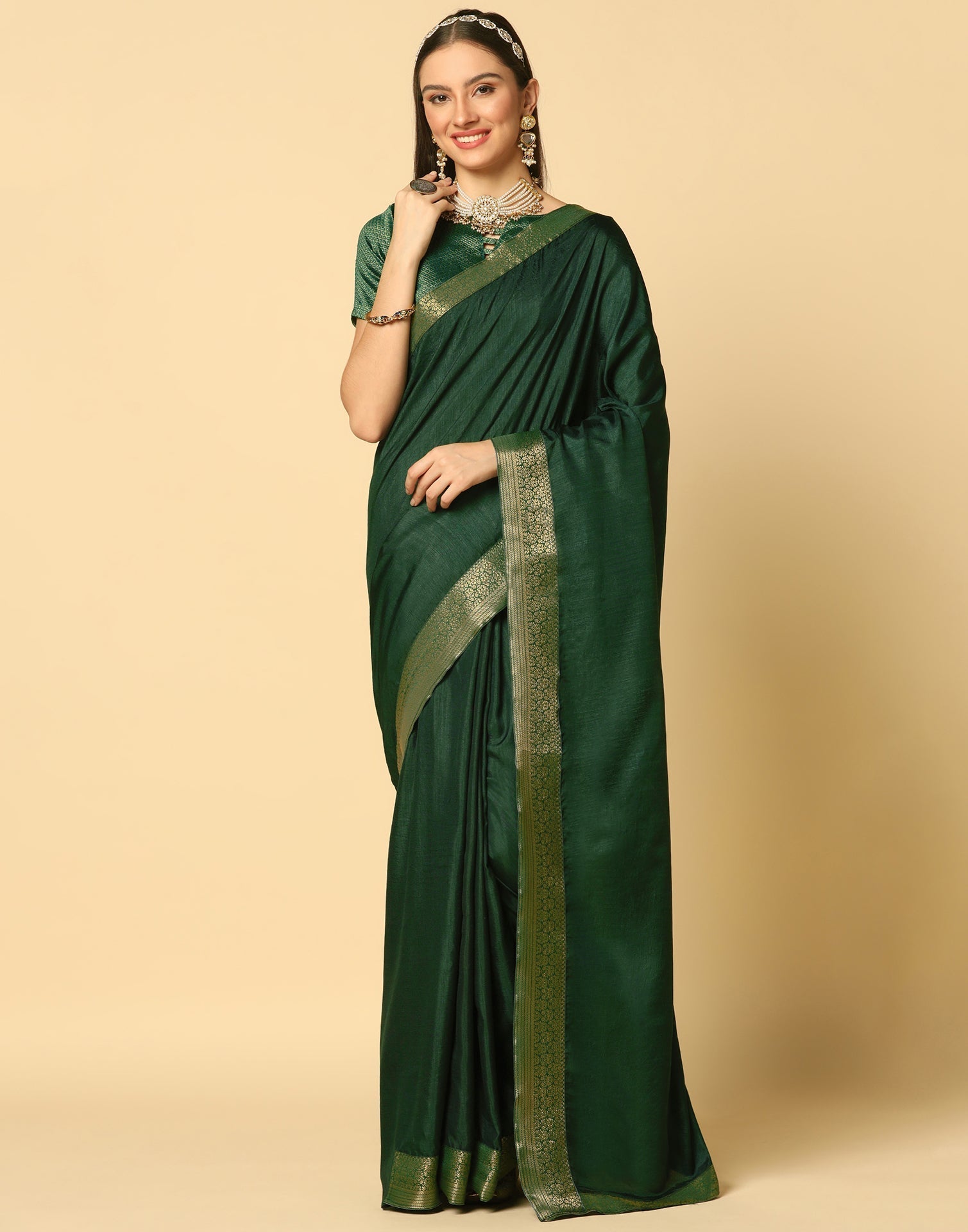 Dark Green Plain Silk Saree | Sudathi