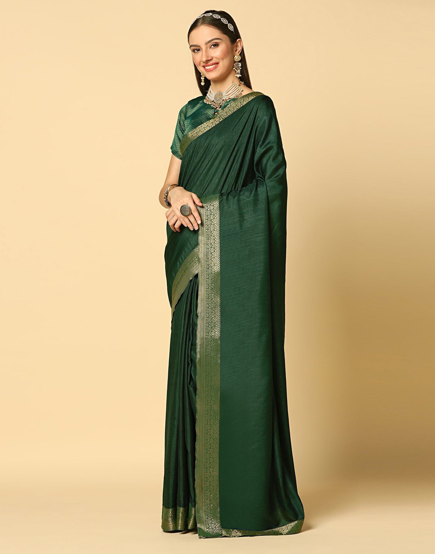 Dark Green Plain Silk Saree | Sudathi