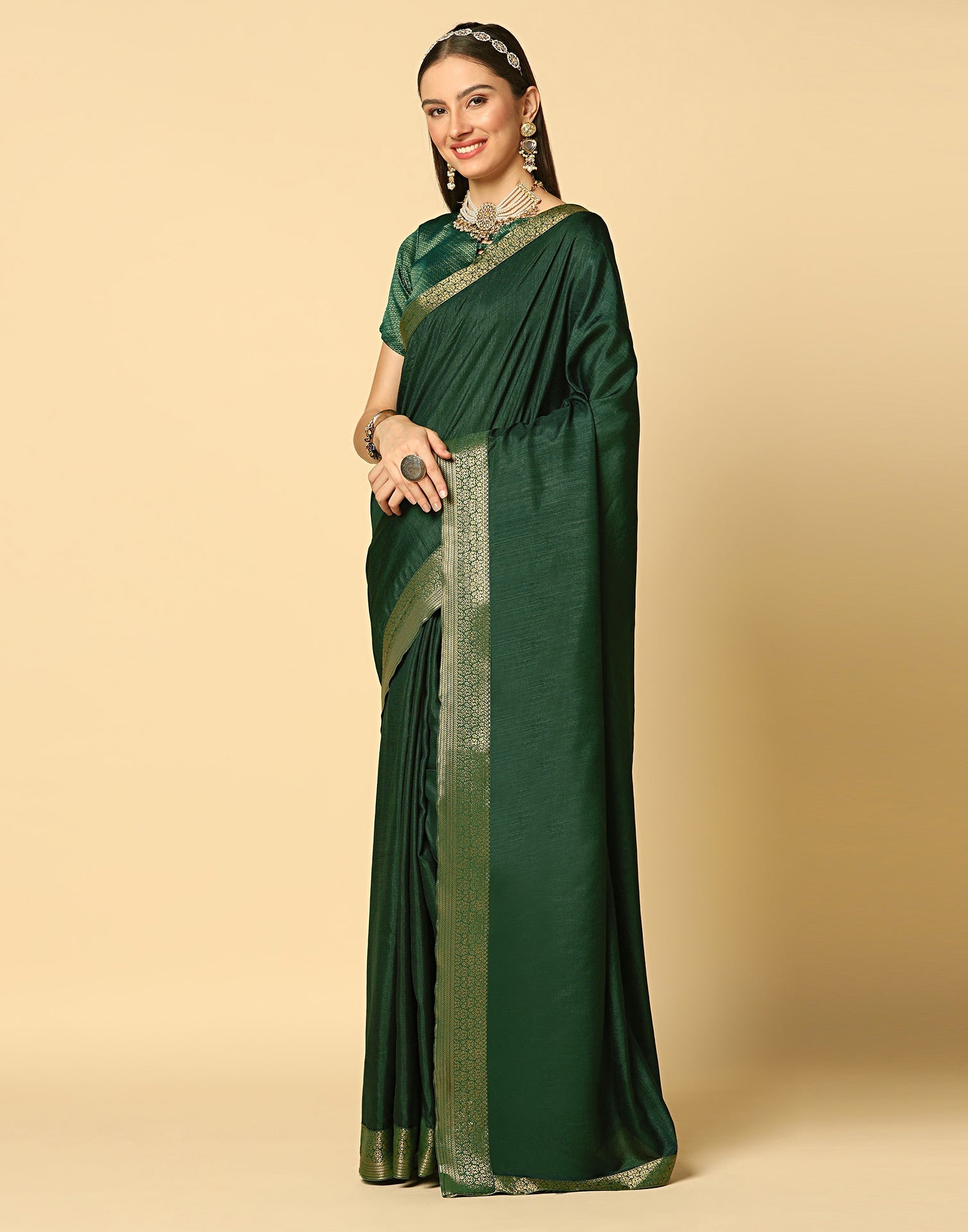 Dark Green Plain Silk Saree | Sudathi