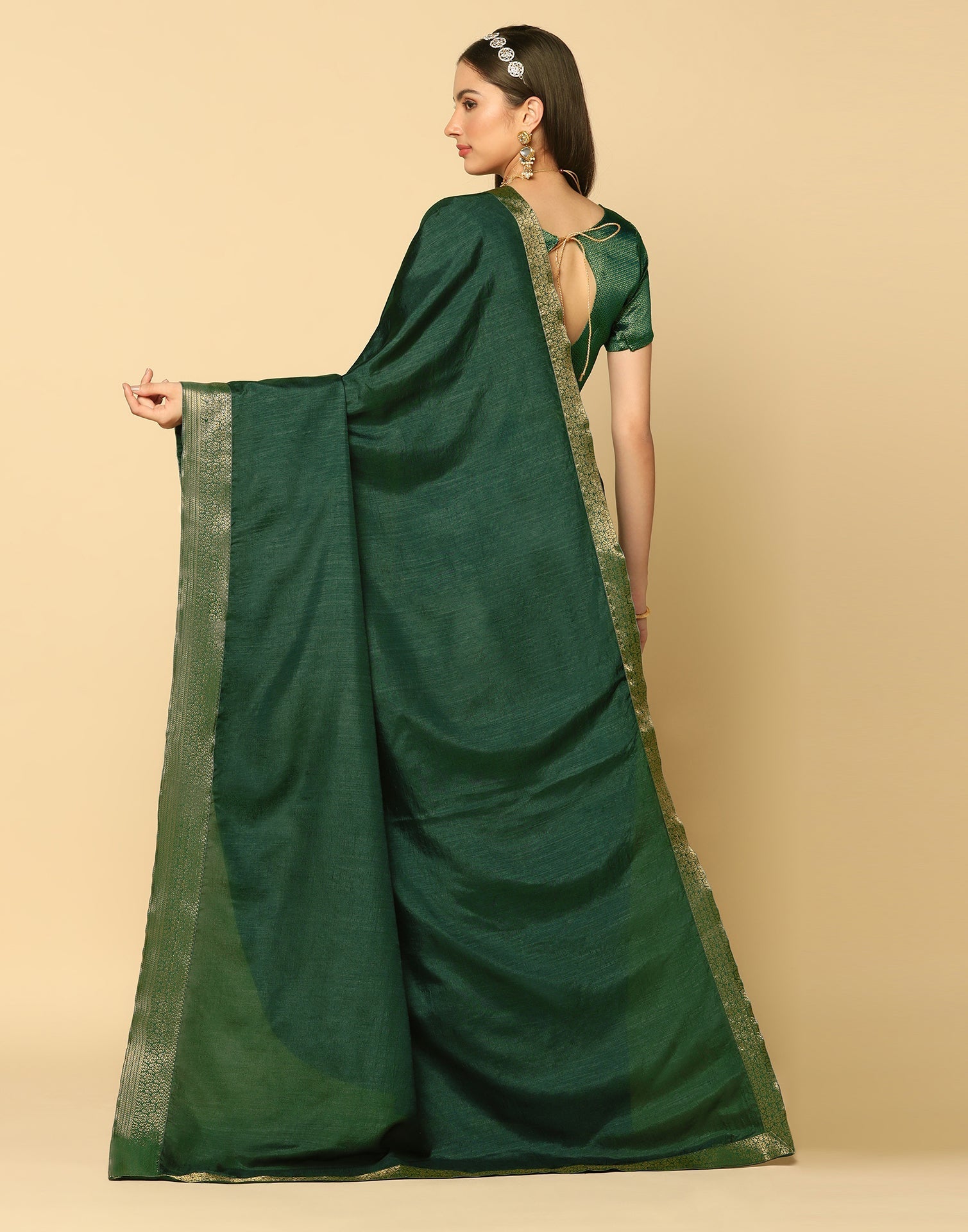 Dark Green Plain Silk Saree | Sudathi