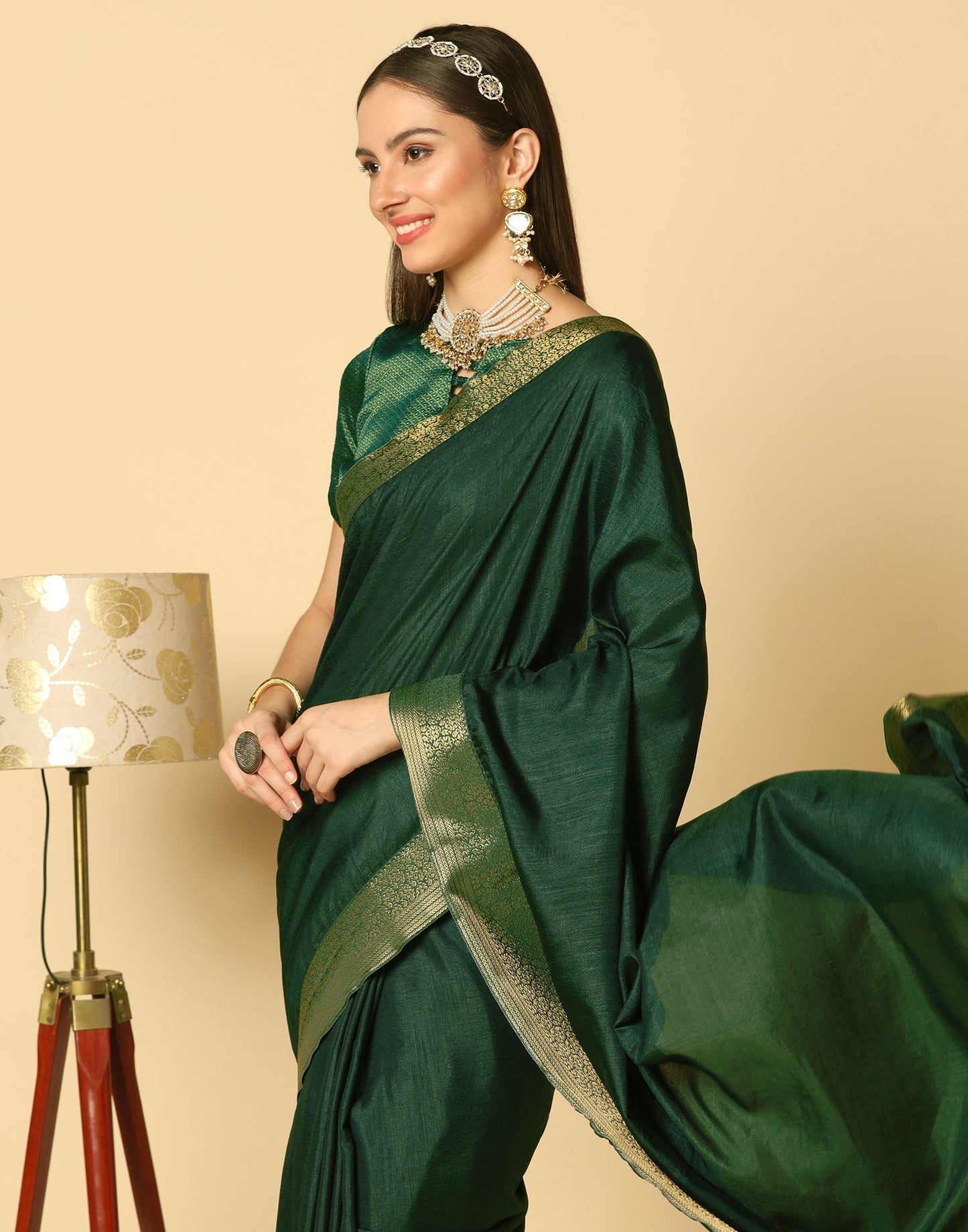 Dark Green Plain Silk Saree | Sudathi